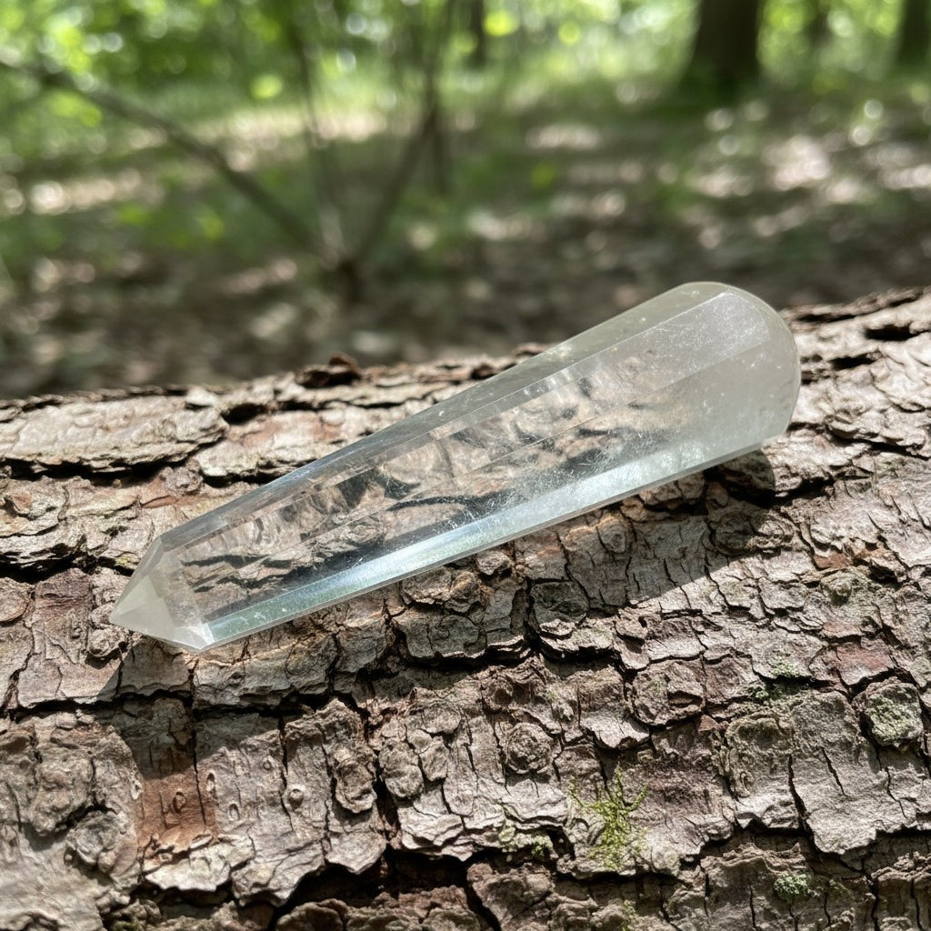 Mirabelle Jewellery clear rock crystal healing wand from Madagascar resting on a textured tree bark background.