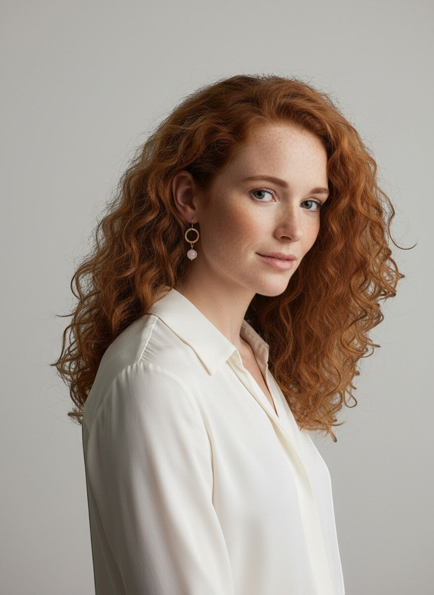 Mirabelle Jewellery textured gold-tone hoop drop earrings with a smooth rose quartz bead.