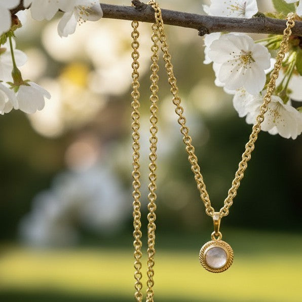 Mirabelle Jewellery Athena rose quartz pendant on a 22ct gold plated brass baby belcher chain hanging from a branch