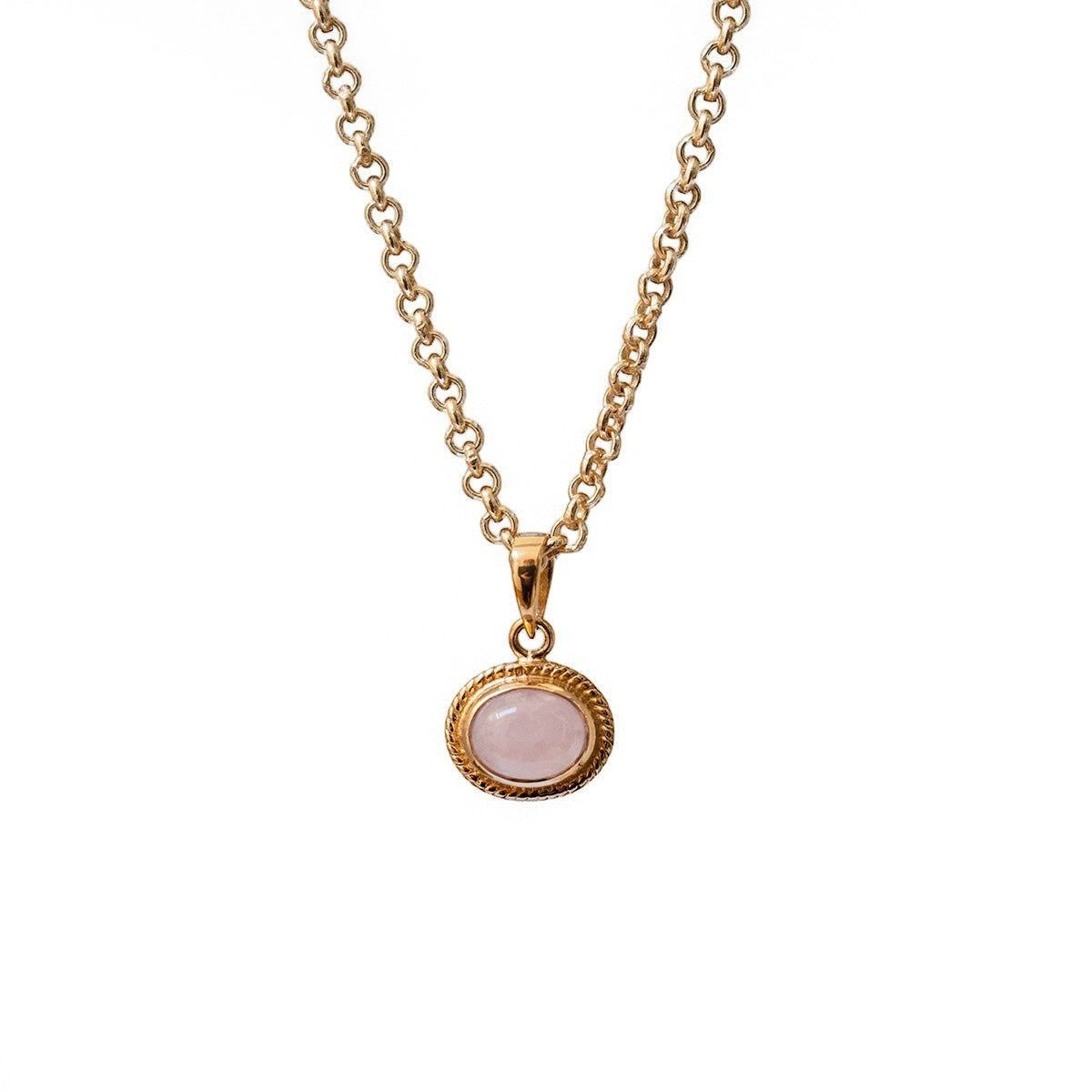 Mirabelle Jewellery Athena rose quartz pendant on a 22ct gold plated brass baby belcher chain