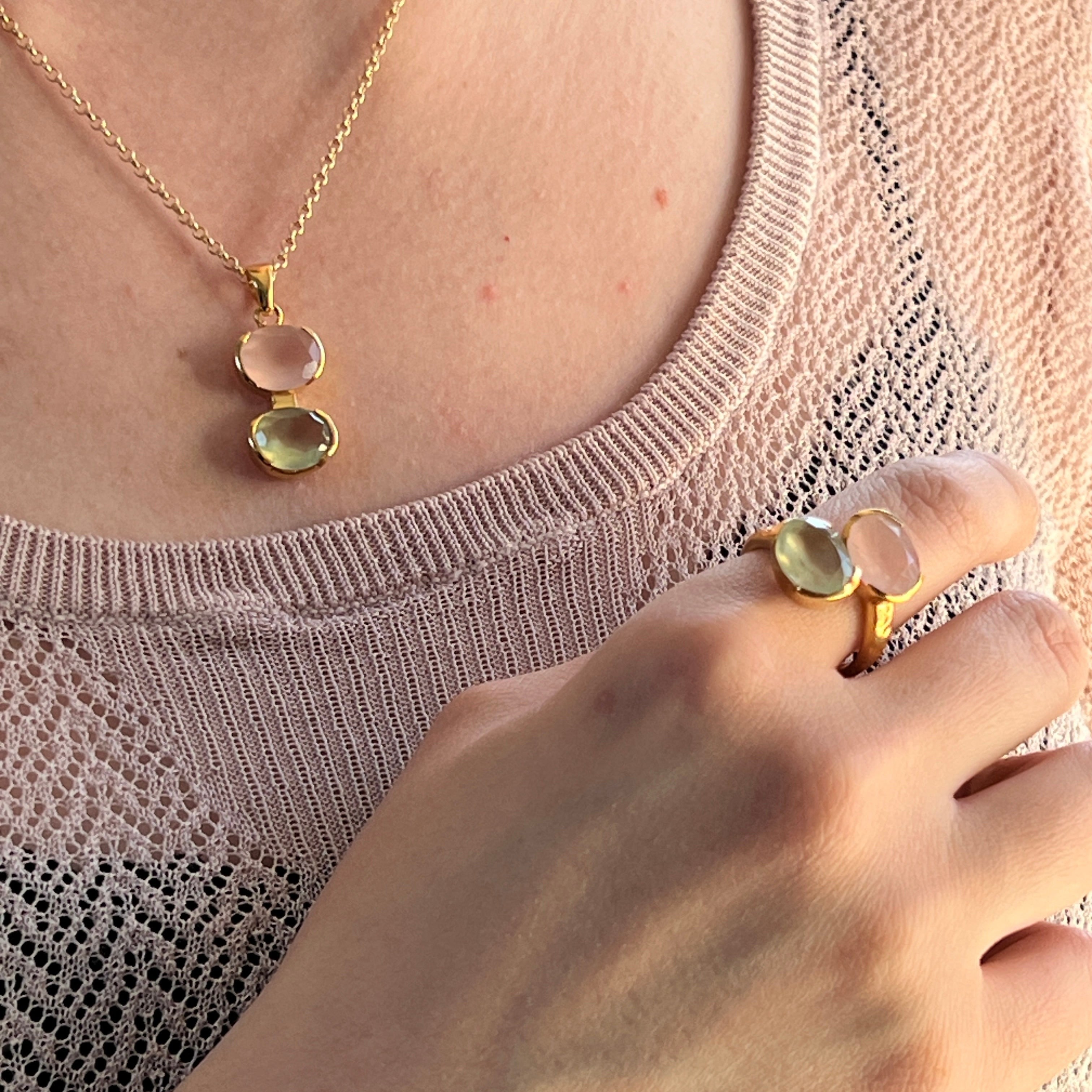 Mirabelle Jewellery adjustable ring with rose quartz and prehnite stones, 22ct gold plated brass.