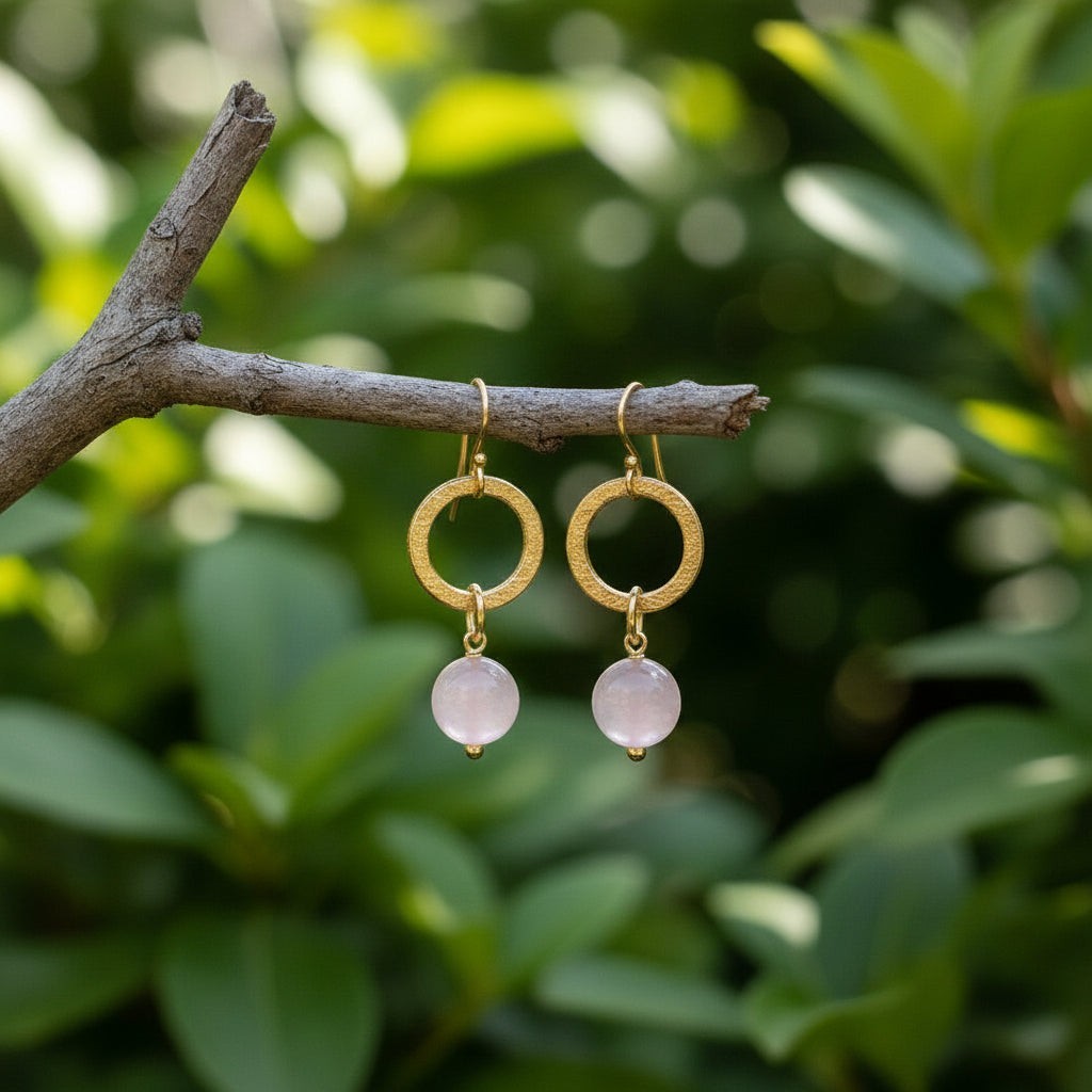 Mirabelle Jewellery Taya gold hoop earrings with rose quartz natural stone, handmade in London.