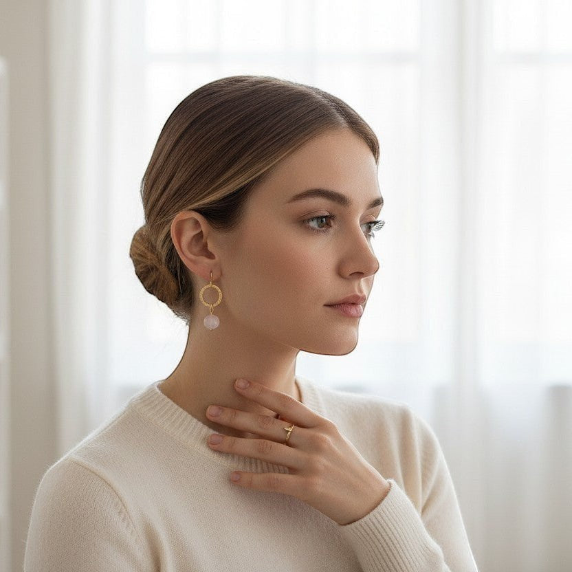 Mirabelle Jewellery Taya gold hoop earrings with rose quartz natural stone, gold plated brass, sterling silver hooks.
