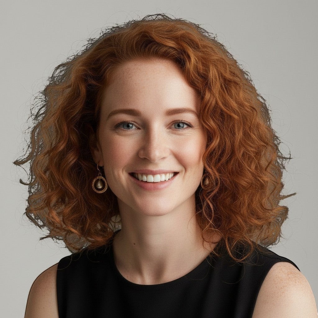 Mirabelle Jewellery Taya gold plated hoop earrings with freshwater pearl drop, worn by a smiling woman with red curly hair.