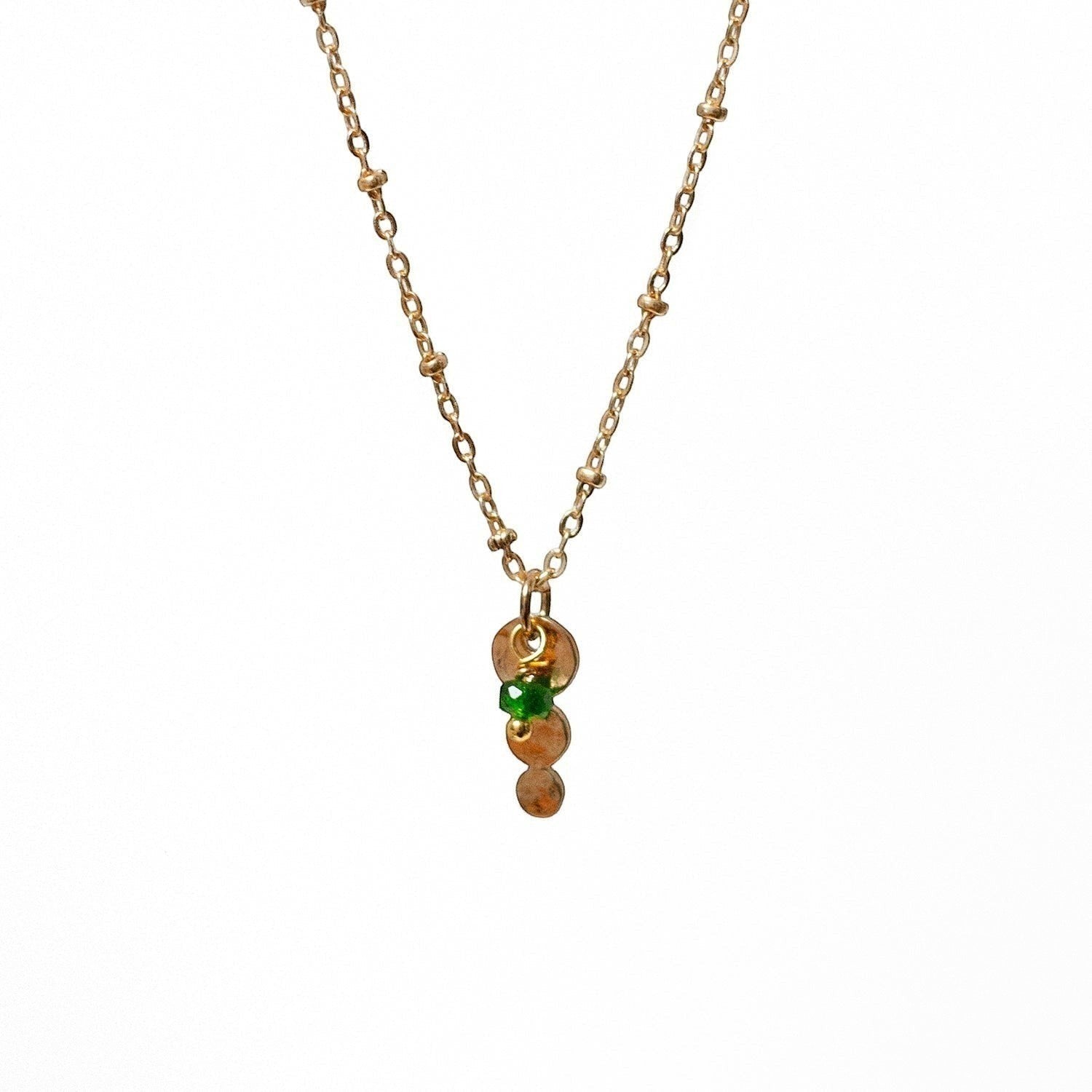 Mirabelle Jewellery gold plated trilogy pendant with green diopside on a delicate satellite chain.