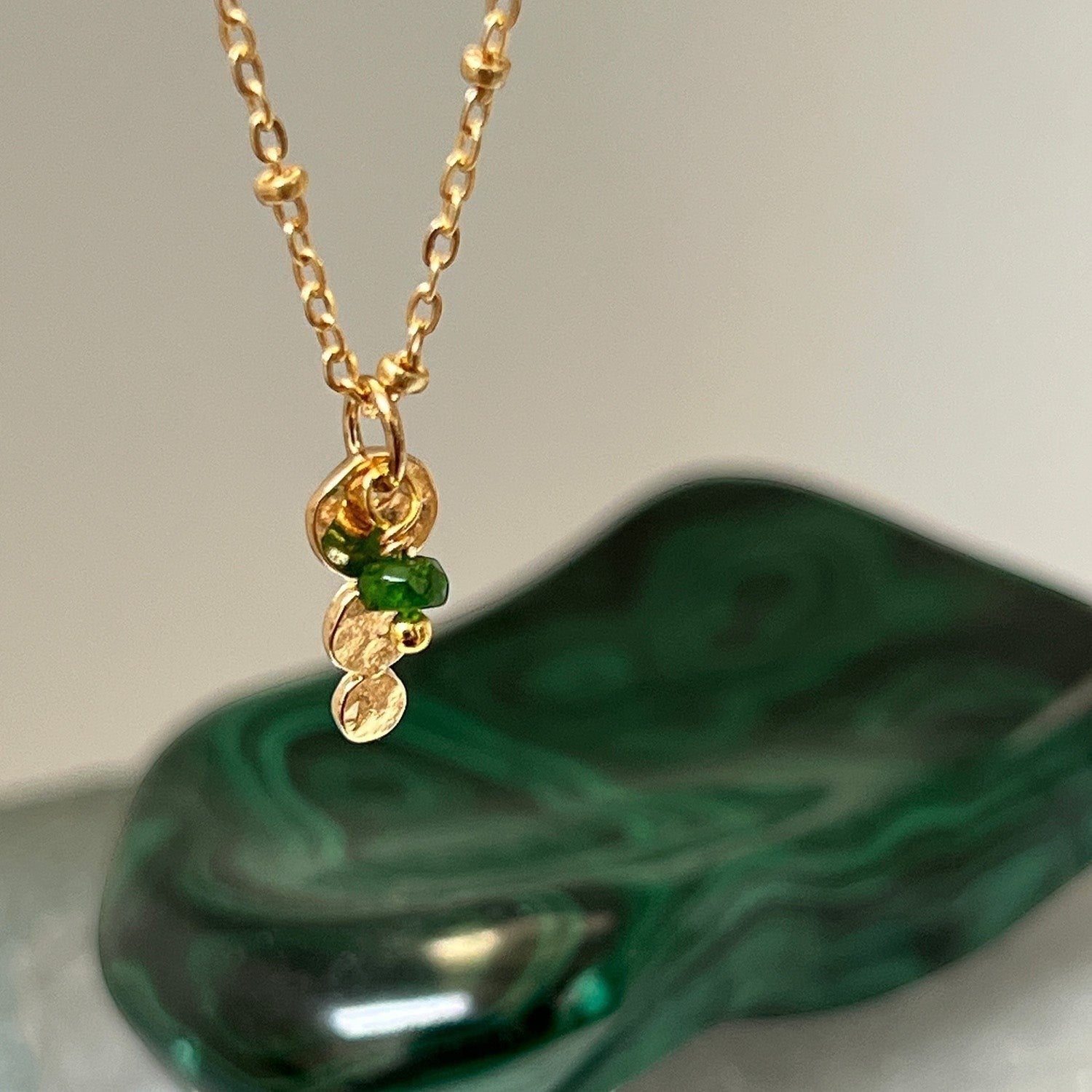 Mirabelle Jewellery gold plated Trilogy pendant with green diopside on a delicate satellite chain.