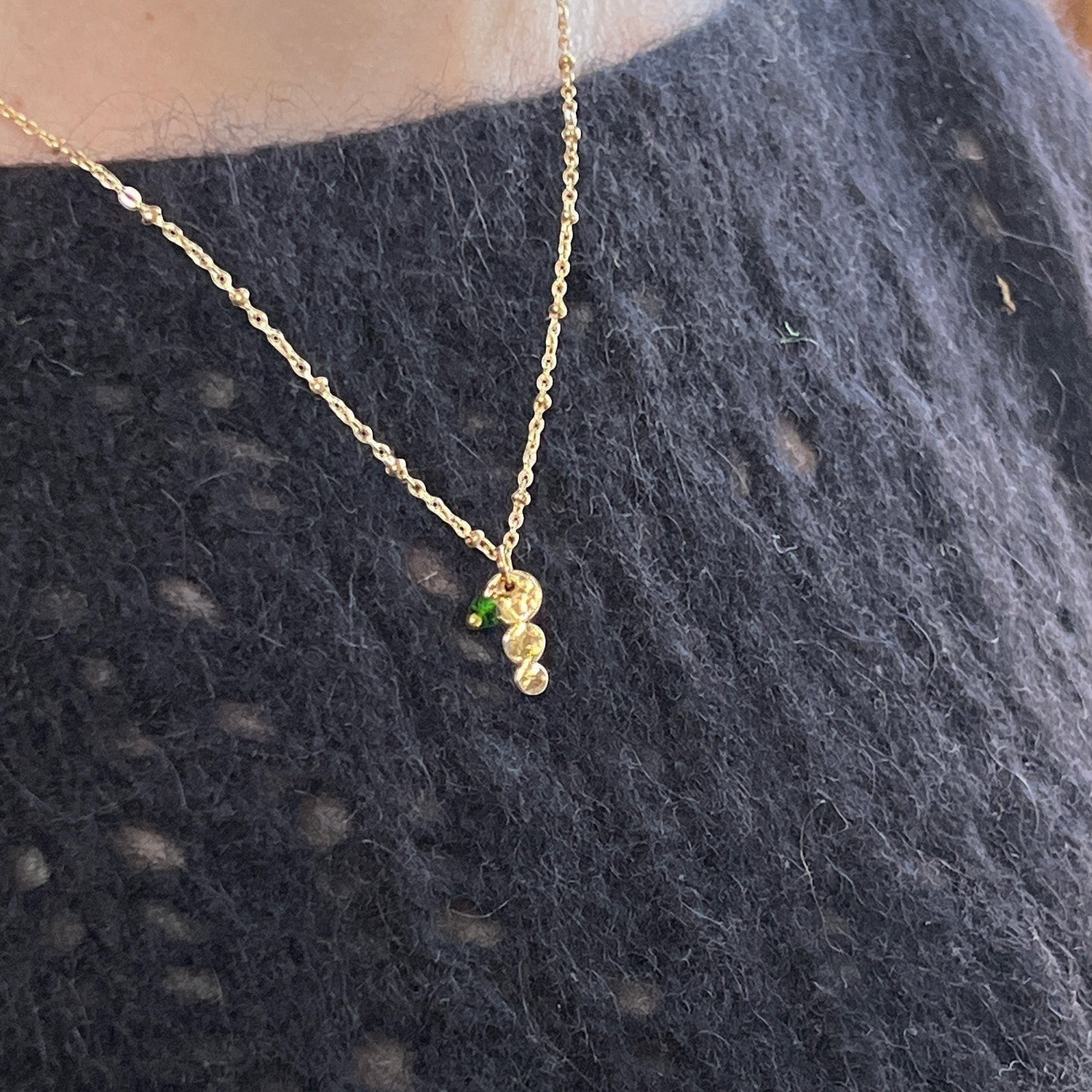 Mirabelle Jewellery gold-plated Trilogy pendant with green diopside on a delicate satellite chain.