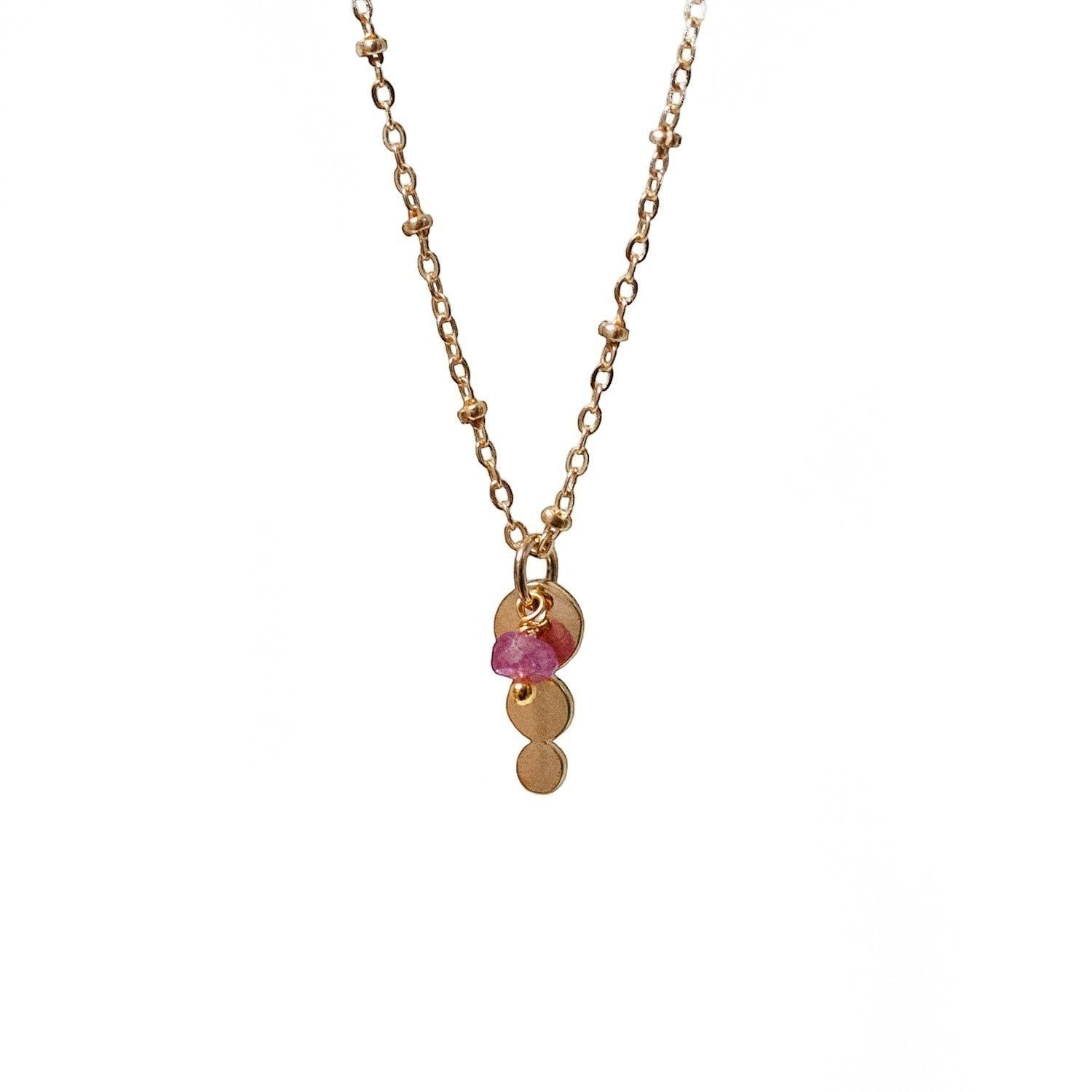 Mirabelle Jewellery Trilogy pendant necklace featuring a gold-plated brass satellite chain and a ruby gemstone.