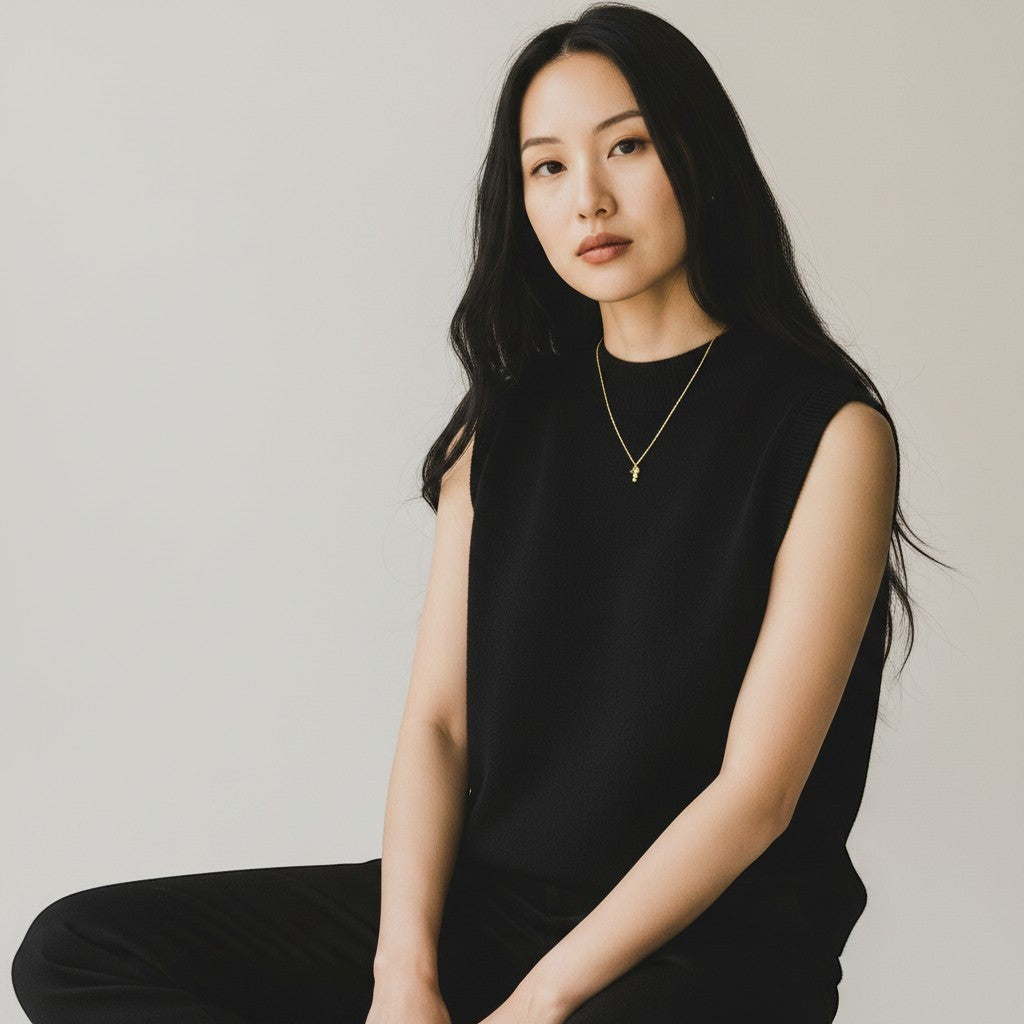 Model wearing a gold plated Mirabelle Jewellery Trilogy pendant on a short satellite chain with a black top.