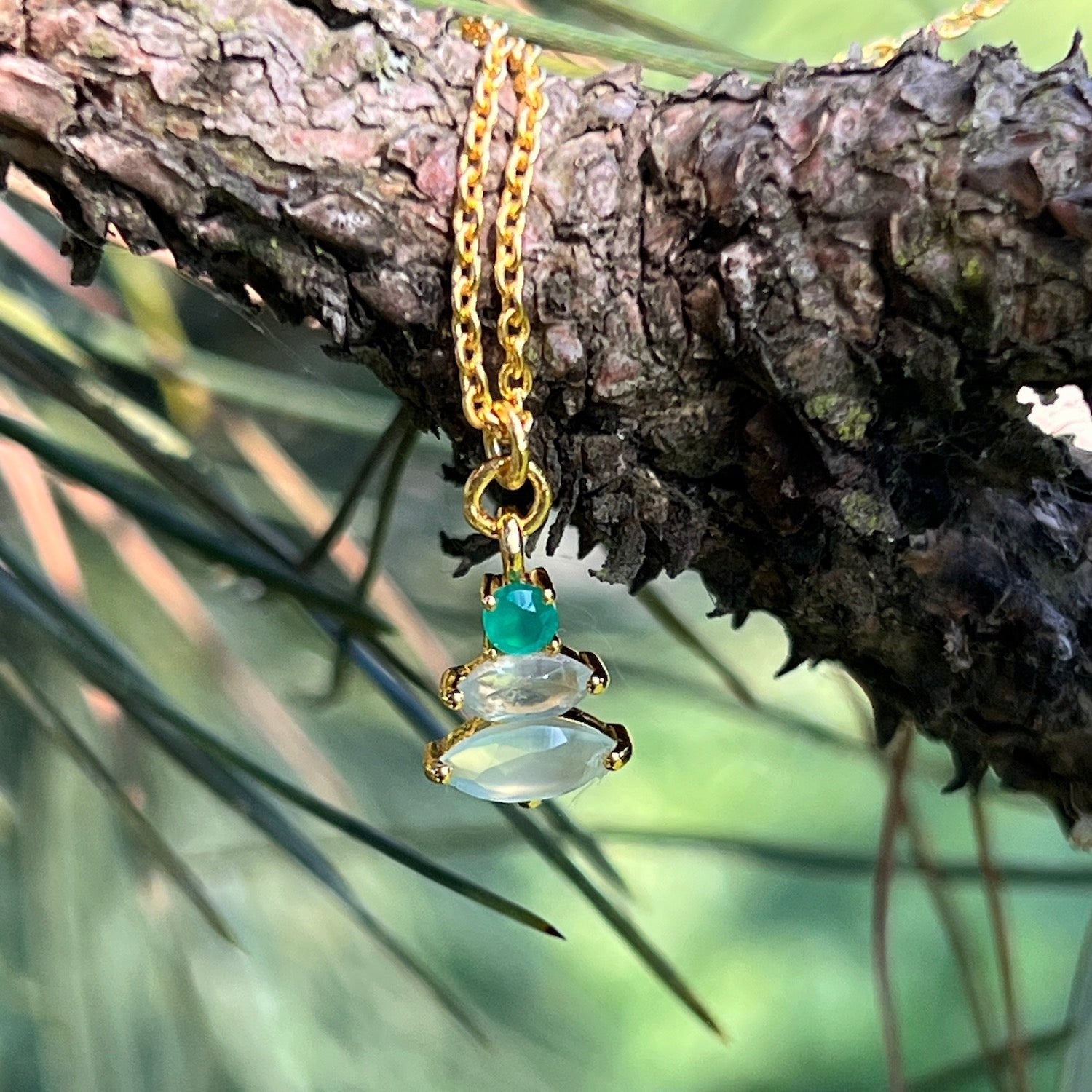 Mirabelle Jewellery Trinity necklace with aqua chalcedony, prehnite & green onyx on gold cable chain.