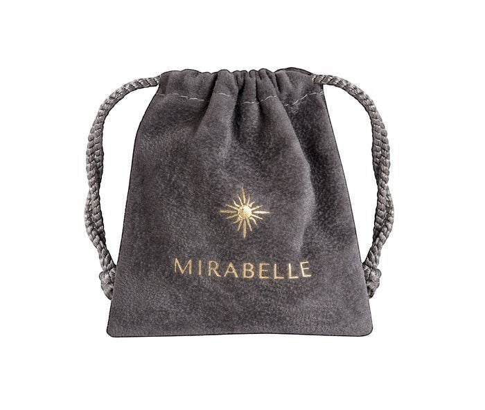 Mirabelle Jewellery grey velvet drawstring pouch with gold logo for storing the Green Onyx rosary necklace.