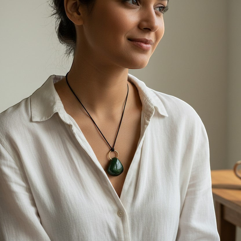 Mirabelle Jewellery large dark green jade pebble pendant on a 60cm cord with gold accent, worn by a woman in a white shirt.