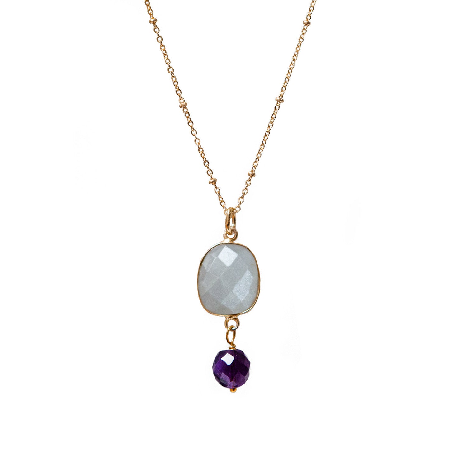 Luna Moonstone Pendant With Amethyst Drop On Long Satellite Chain