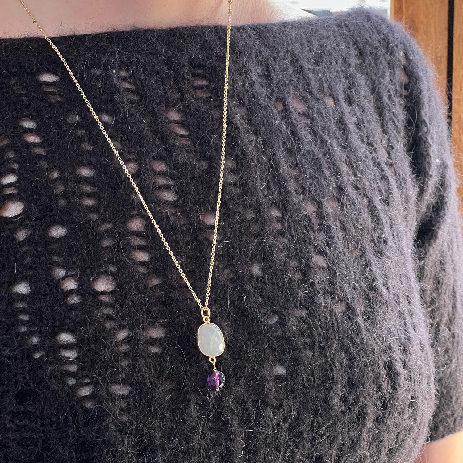 Luna Moonstone Pendant With Amethyst Drop On Long Satellite Chain
