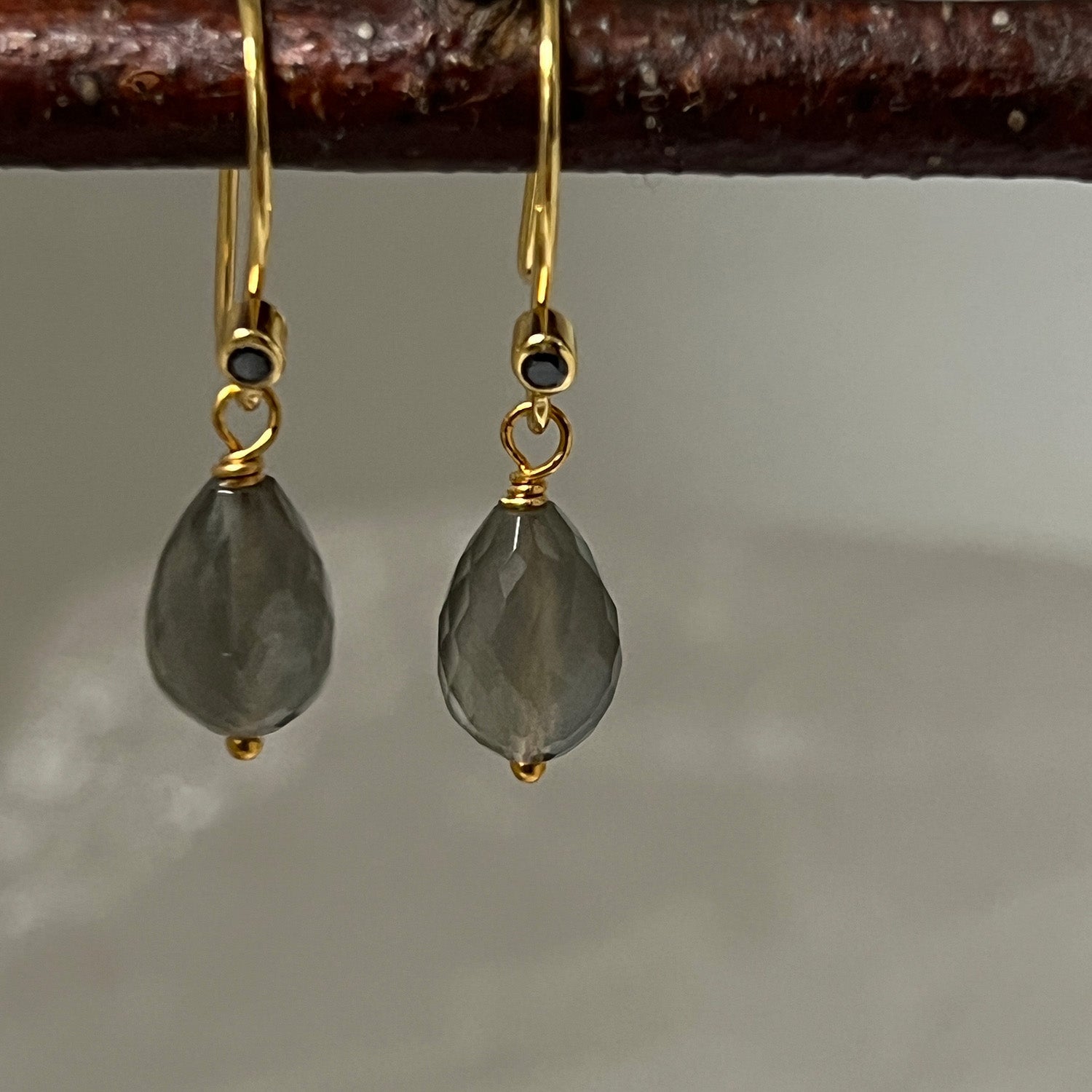 Grey Moonstone Drop With Black Onyx Vermeil Hook