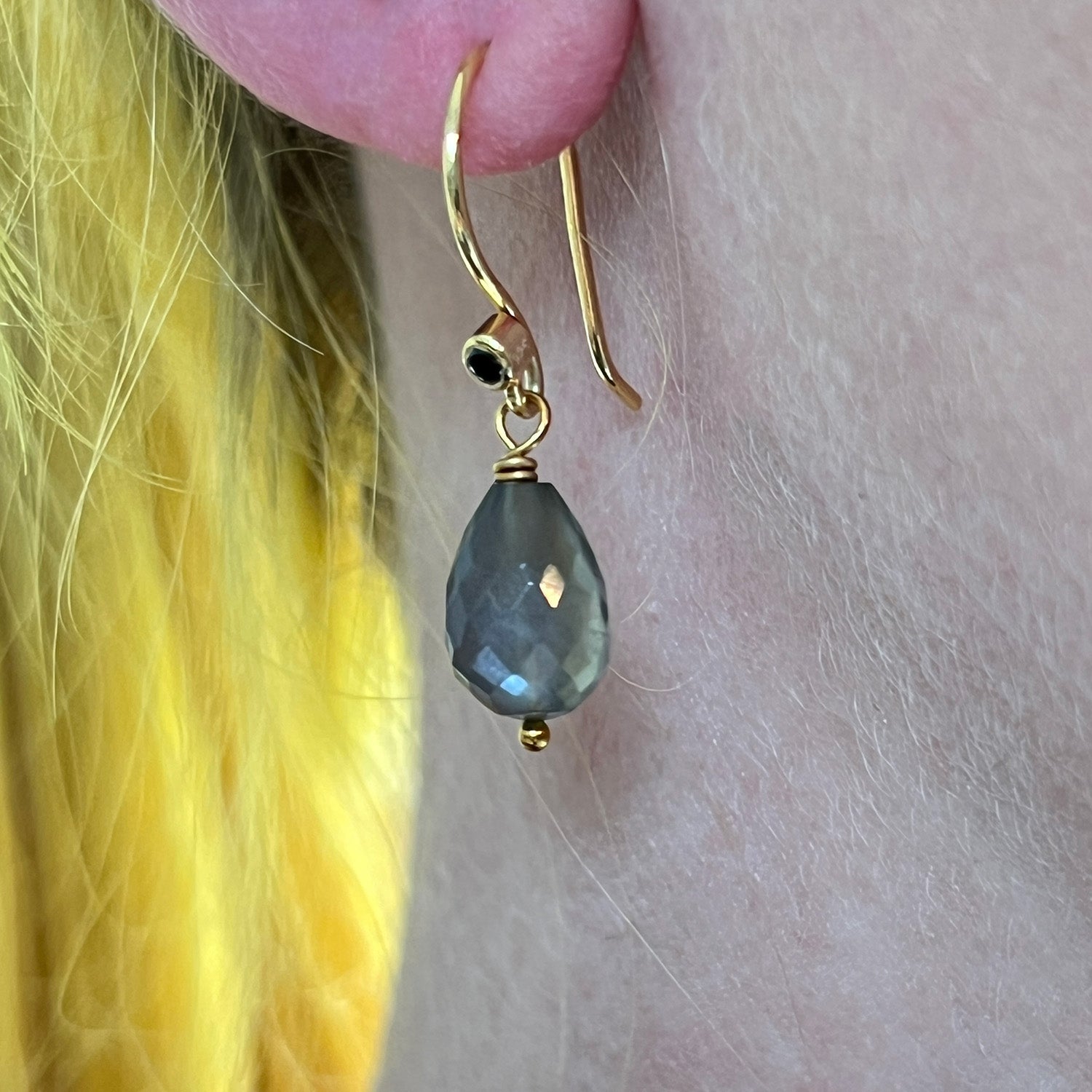 Grey Moonstone Drop With Black Onyx Vermeil Hook