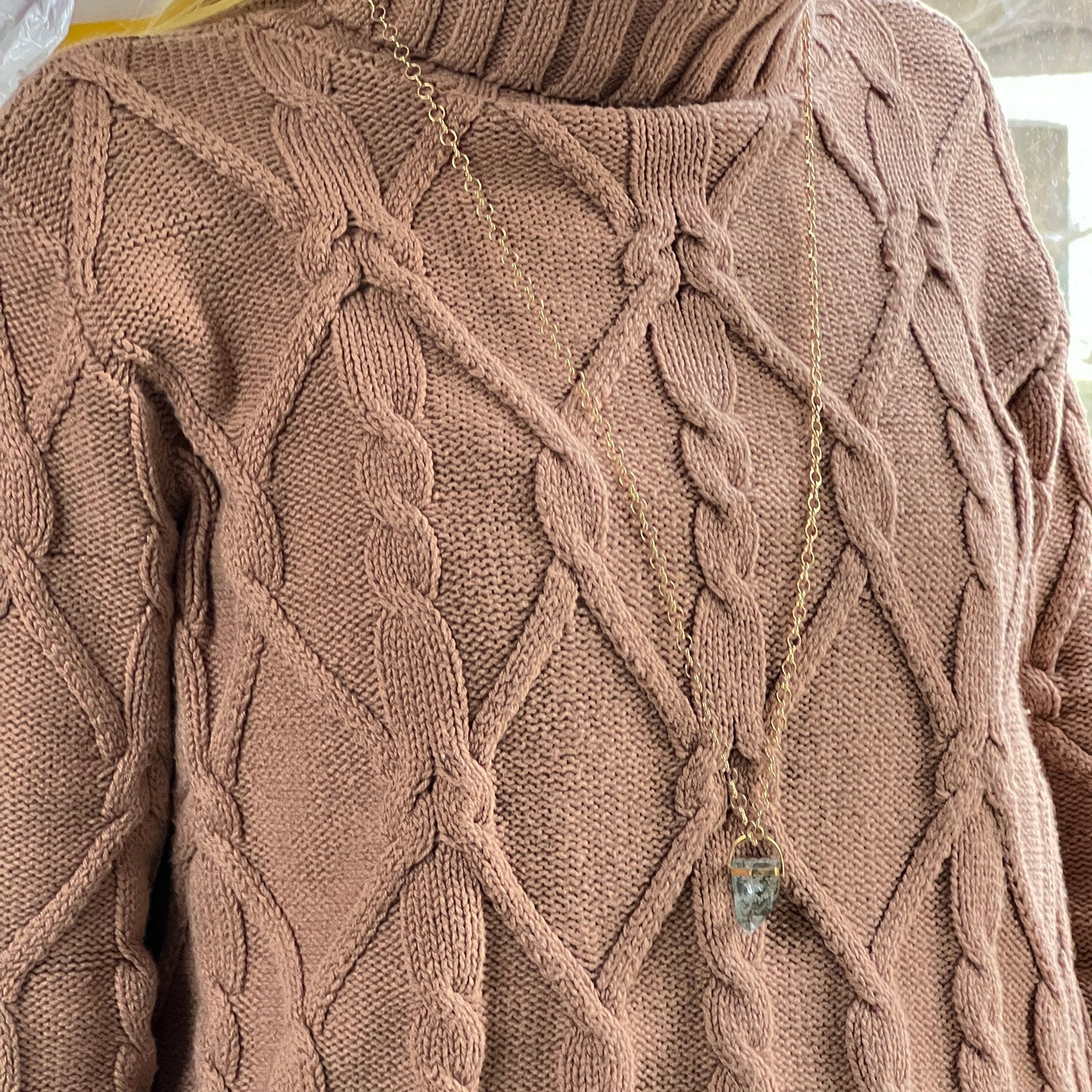 Unique Chunky Chlorite Point Pendant On Long Little Circle Chain