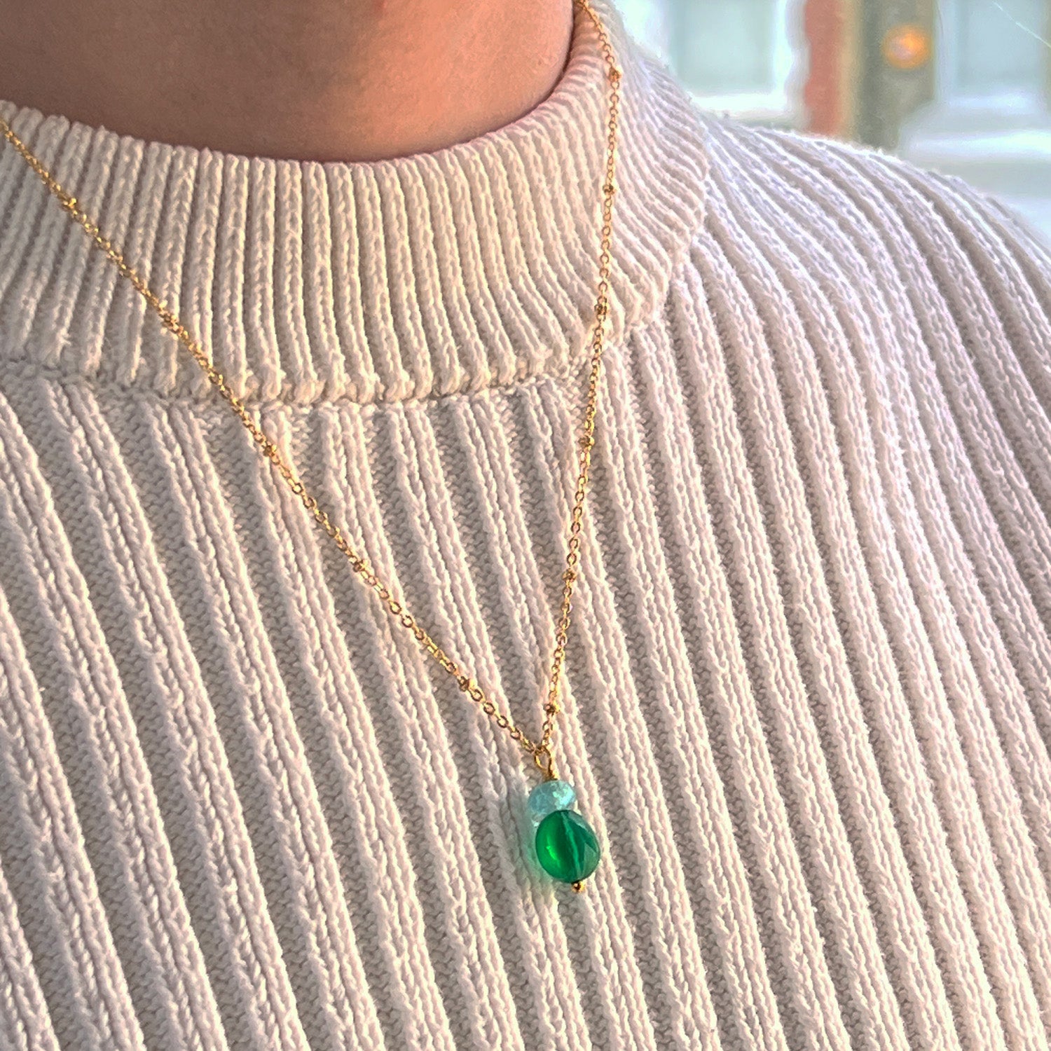 Round Green Onyx And Apatite Pendant On Short Satellite Chain