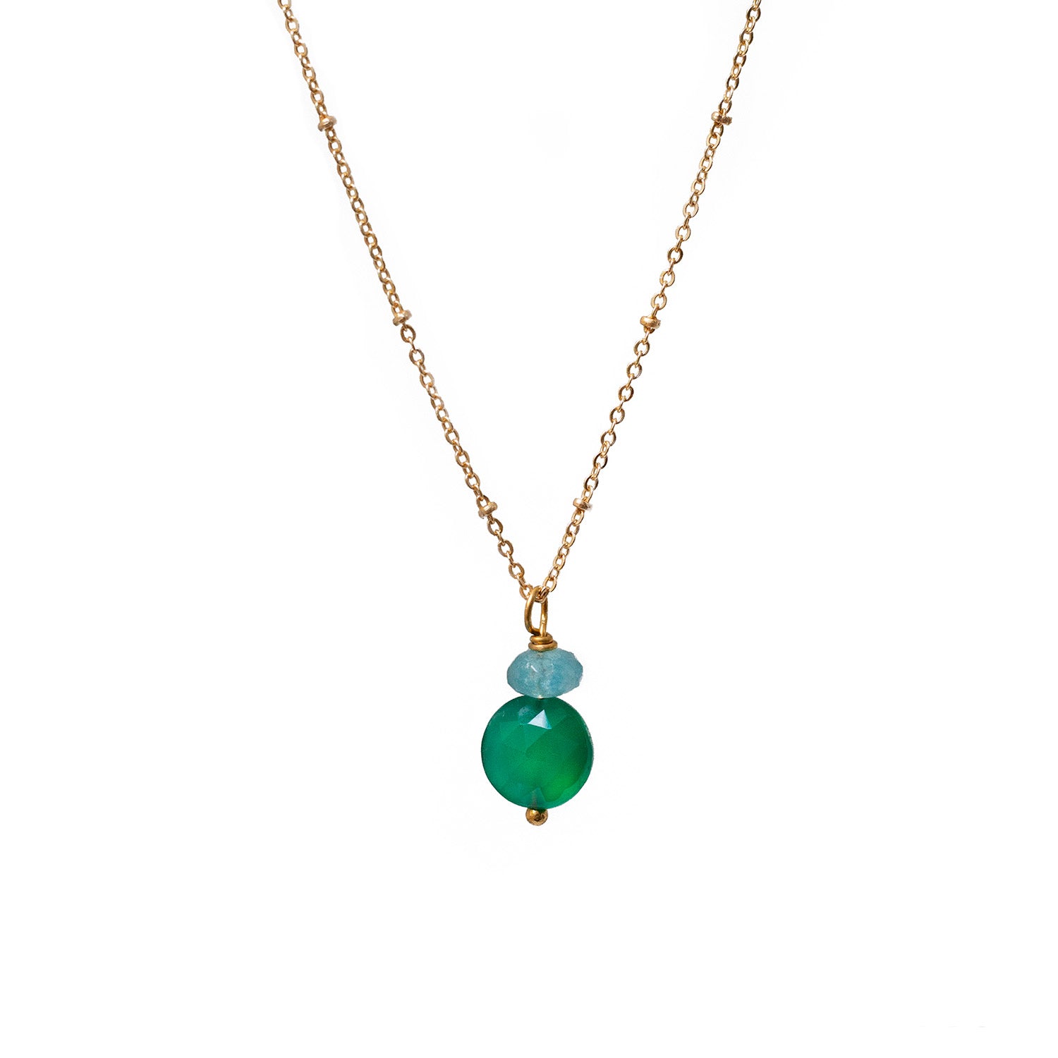 Round Green Onyx And Apatite Pendant On Short Satellite Chain