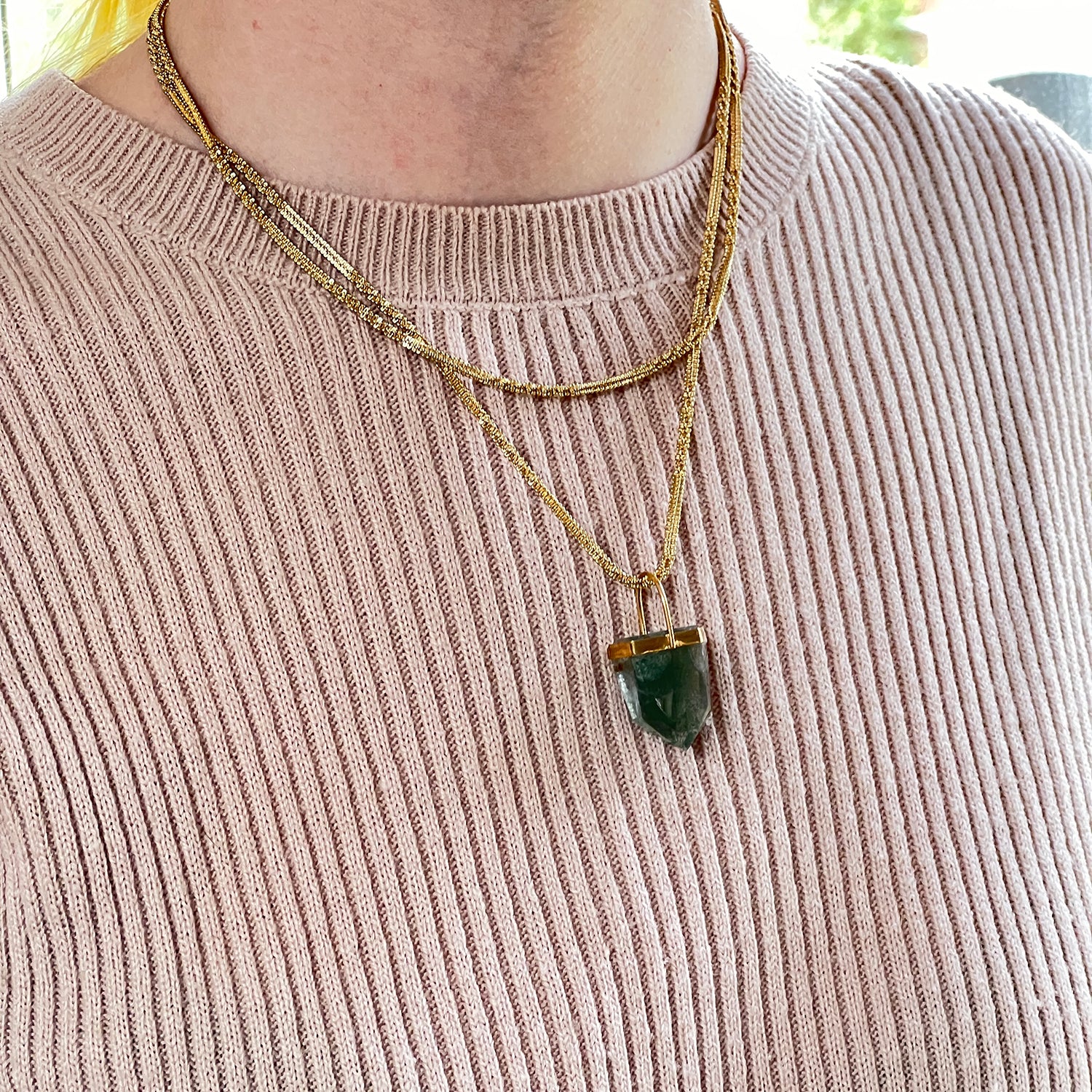 Unique Chlorite Point Pendant On Long Chaton Chain