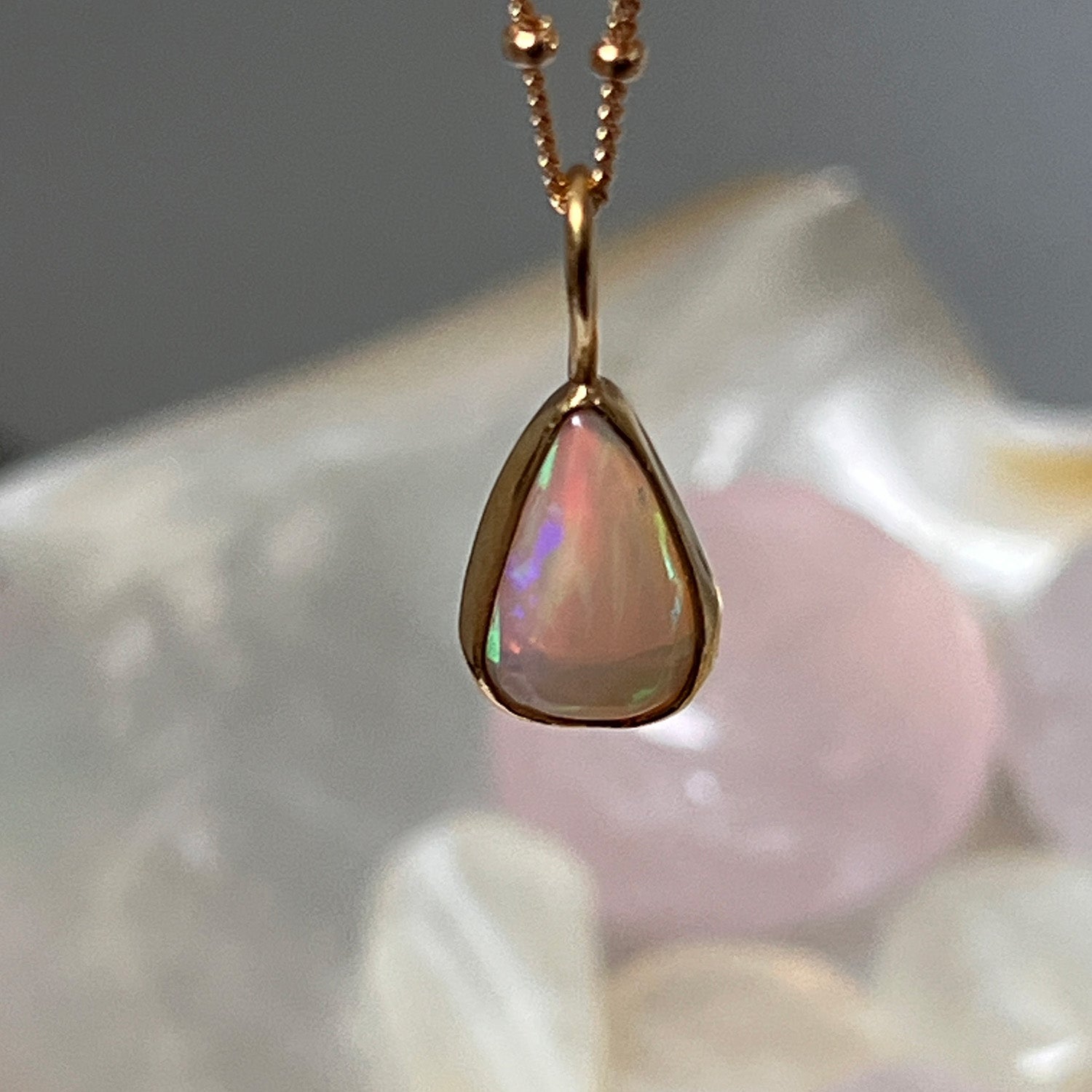 Unique Opal Power Triangle from Ethiopia on Gold Filled Satellite Chain