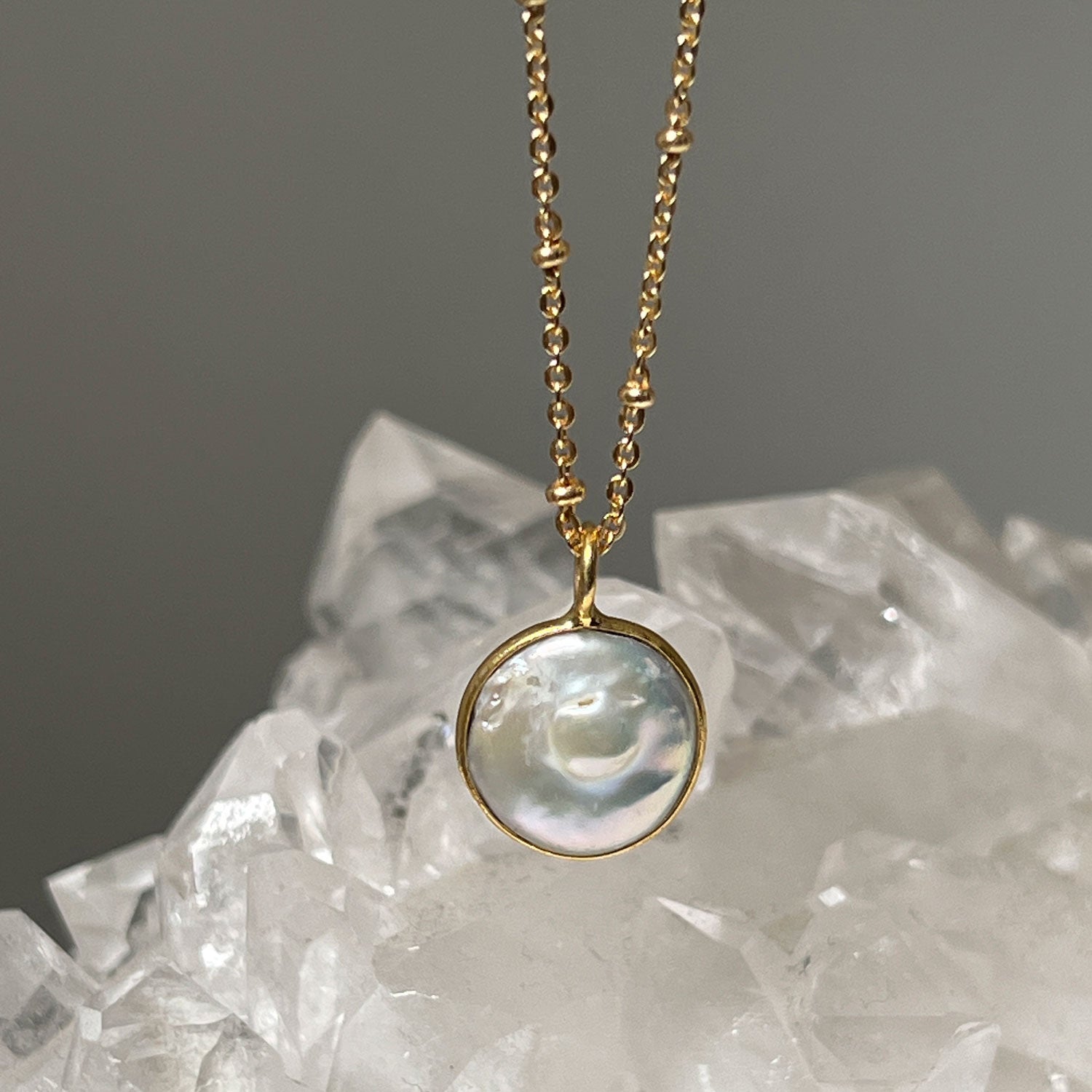 Freeform flat Pearl Pendant On Short Satellite Chain