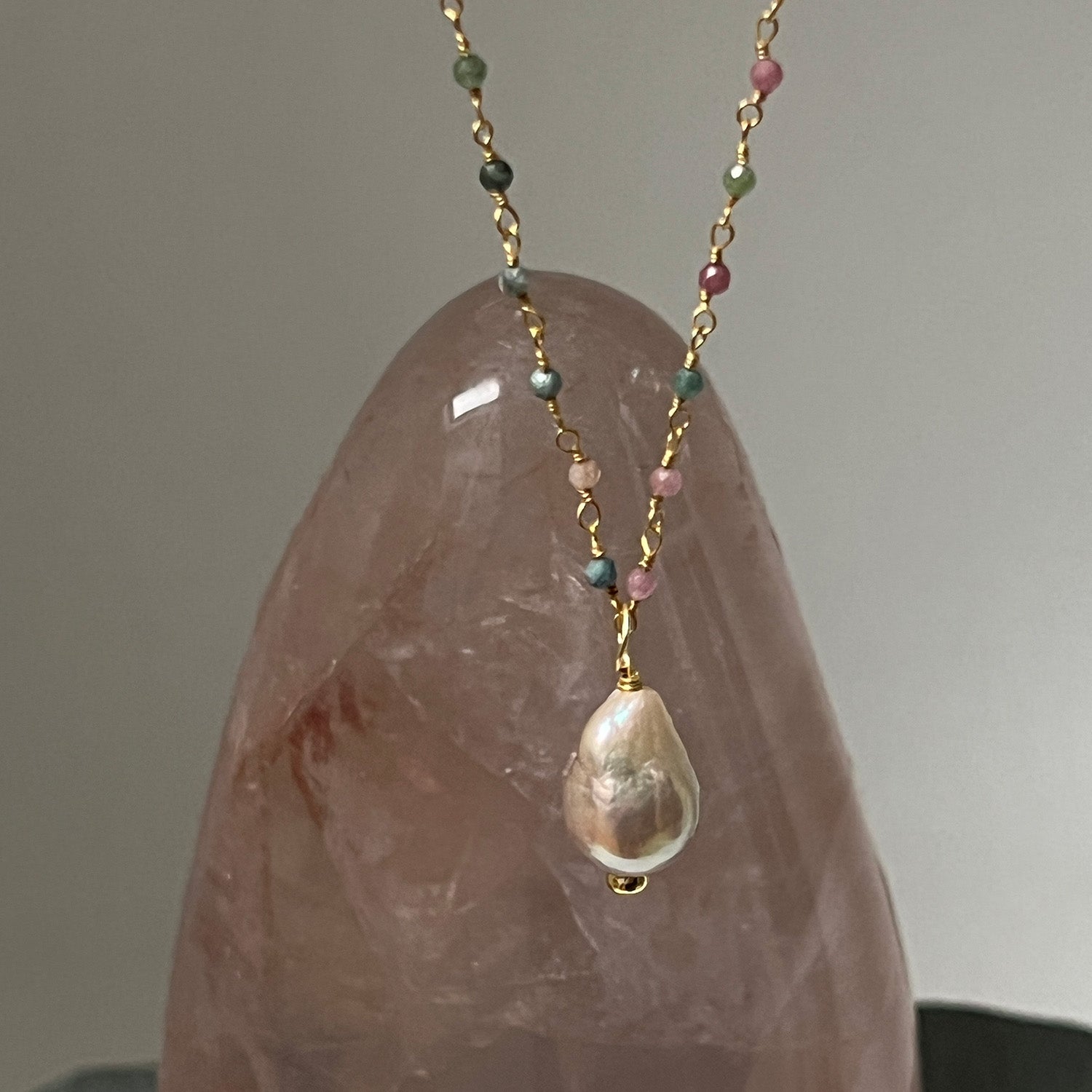 Baroque Pearl On Long Multi Tourmaline Rosary