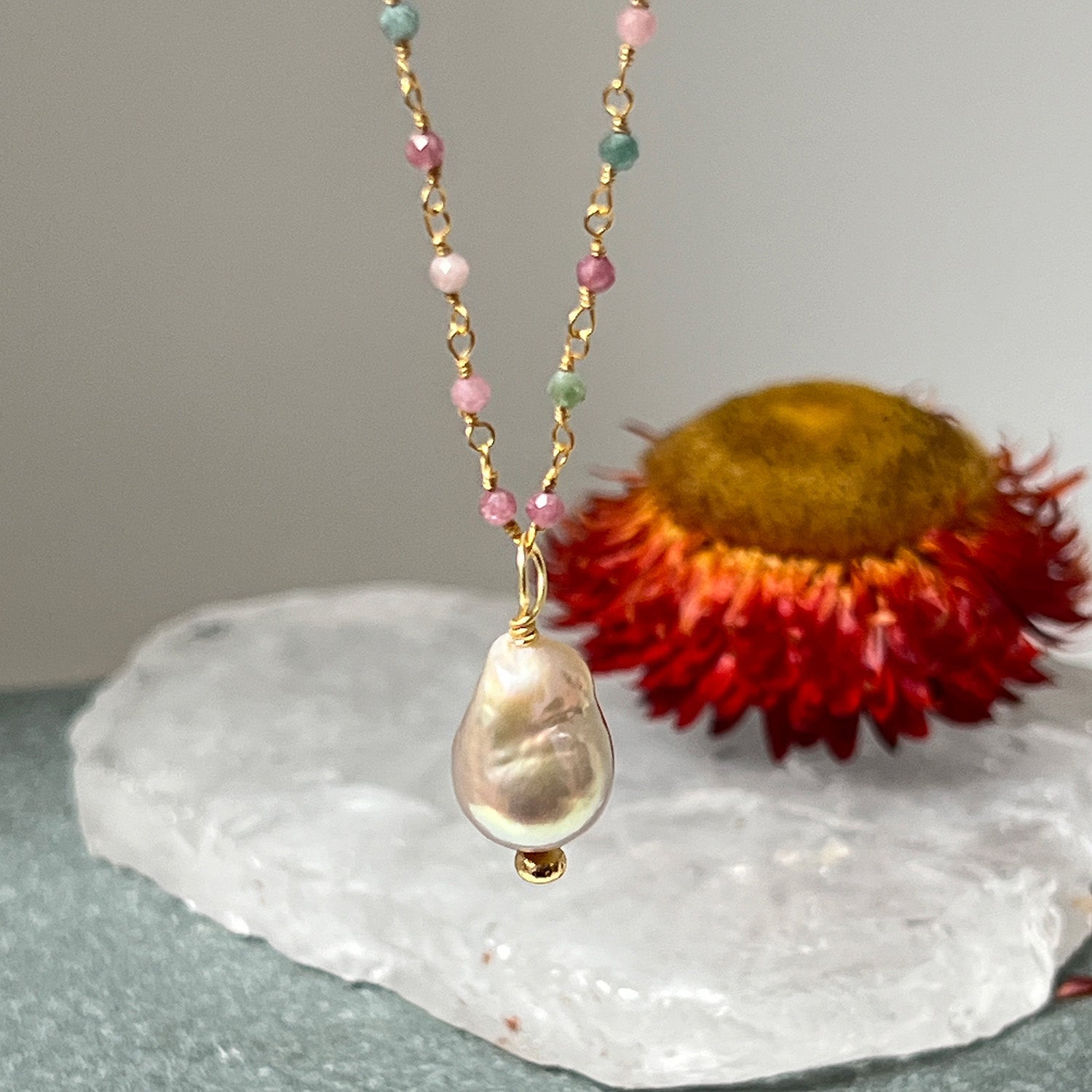 Baroque Pearl On Long Multi Tourmaline Rosary