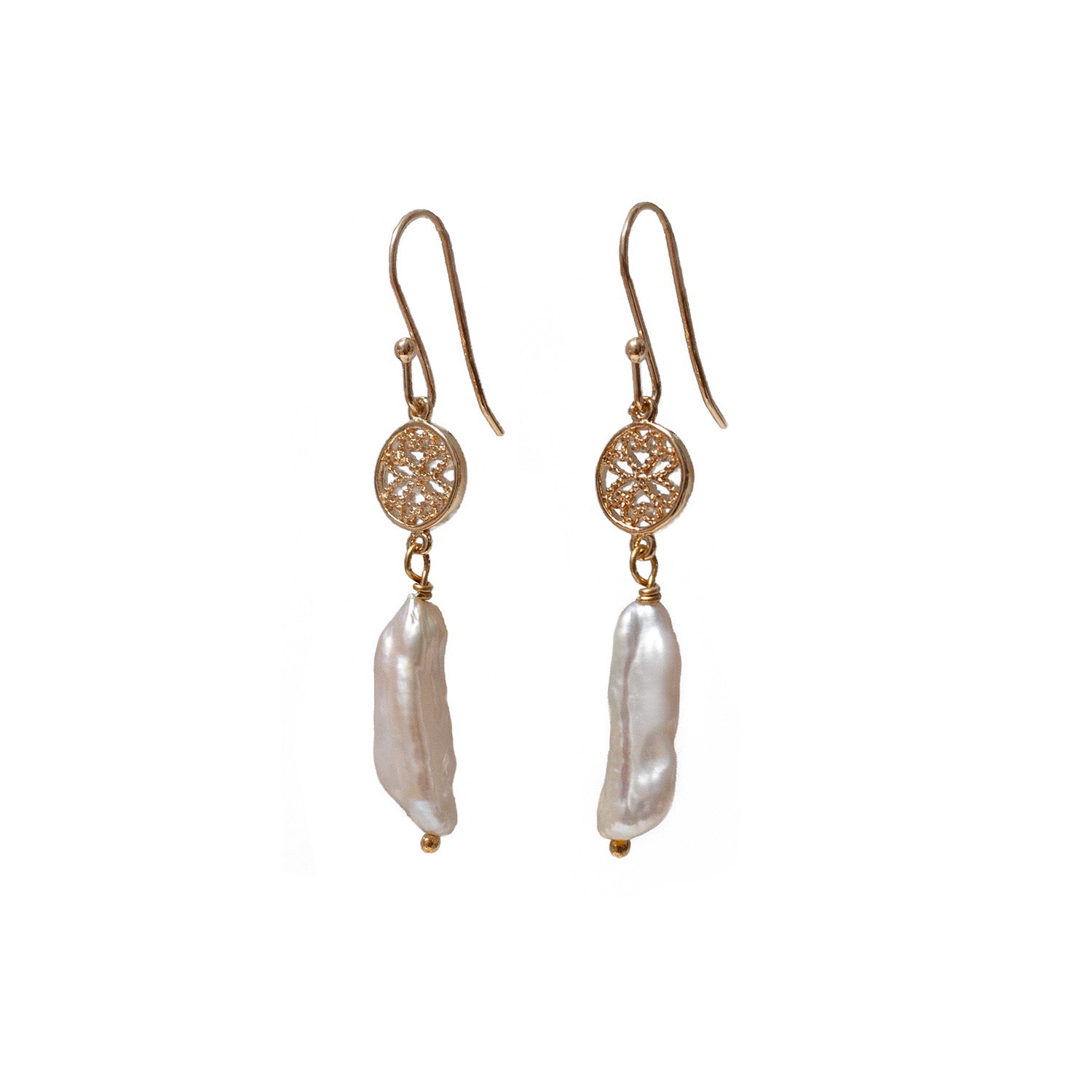 A pair of gold-plated brass earrings with a baroque pearl design and vermeil hooks.