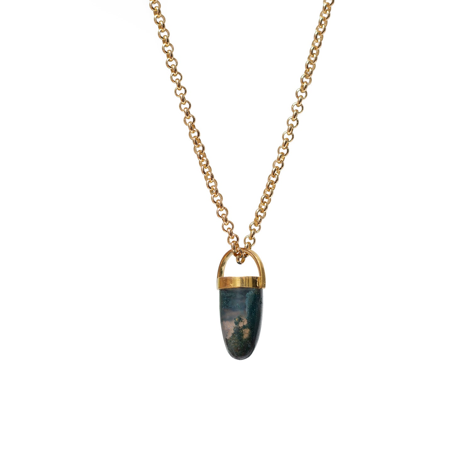 Pendulum Moss Agate Pendant On Long Baby Belcher Chain