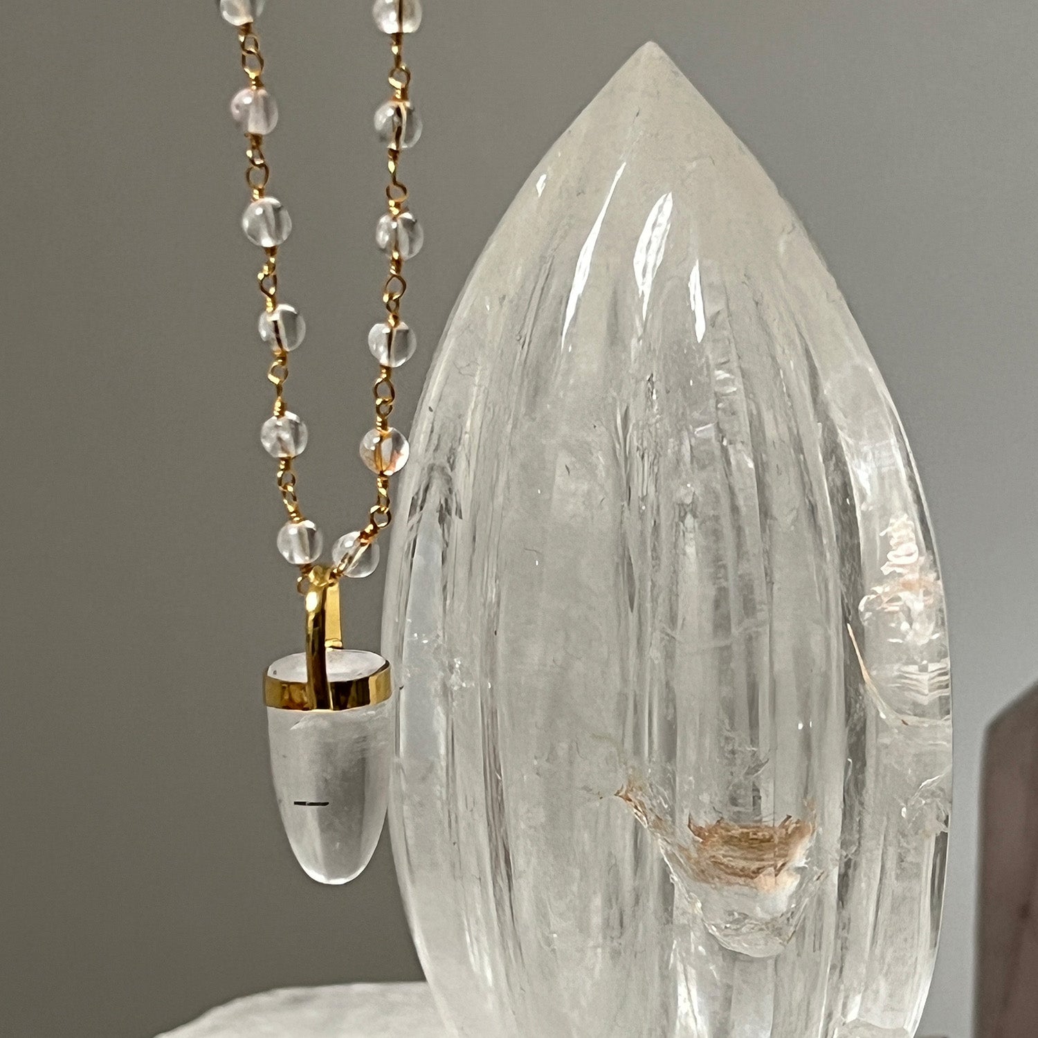Pendulum Rock Crystal Pendant On Long Rock Crystal Round Stone Rosary