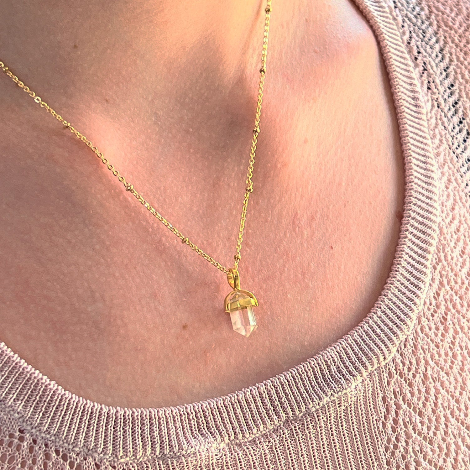 Rock Crystal Double Mini Point Bridge Set On Short Satellite Chain