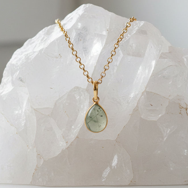 Prehnite Teardrop Pendant On Baby Belcher or Green Onyx Rosary