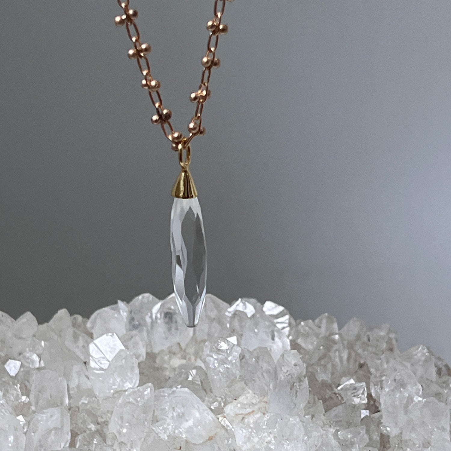 Long Geometric Crystal Pendant On Long Bula Chain