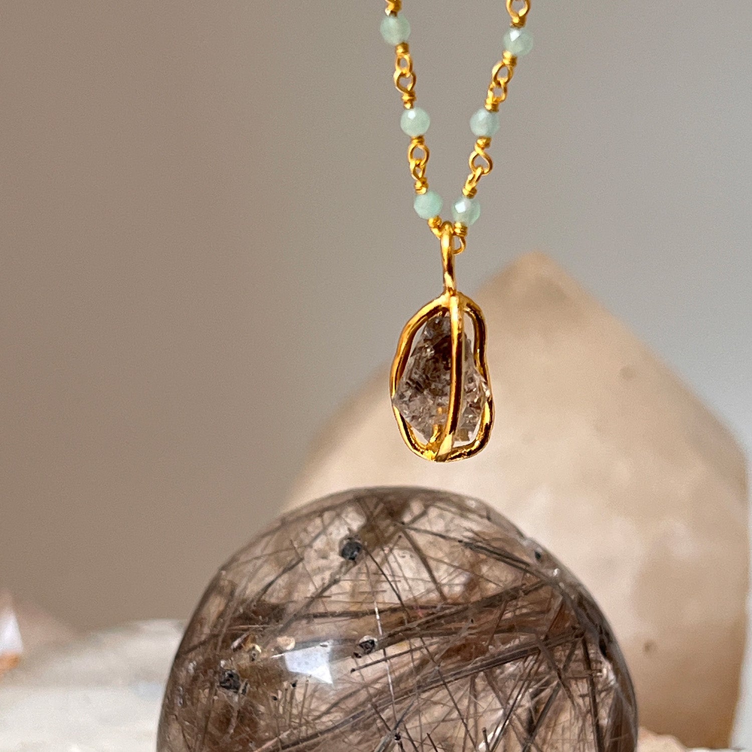 Raw Herkimer Diamond In Cage Pendant On Short Amazonite Rosary