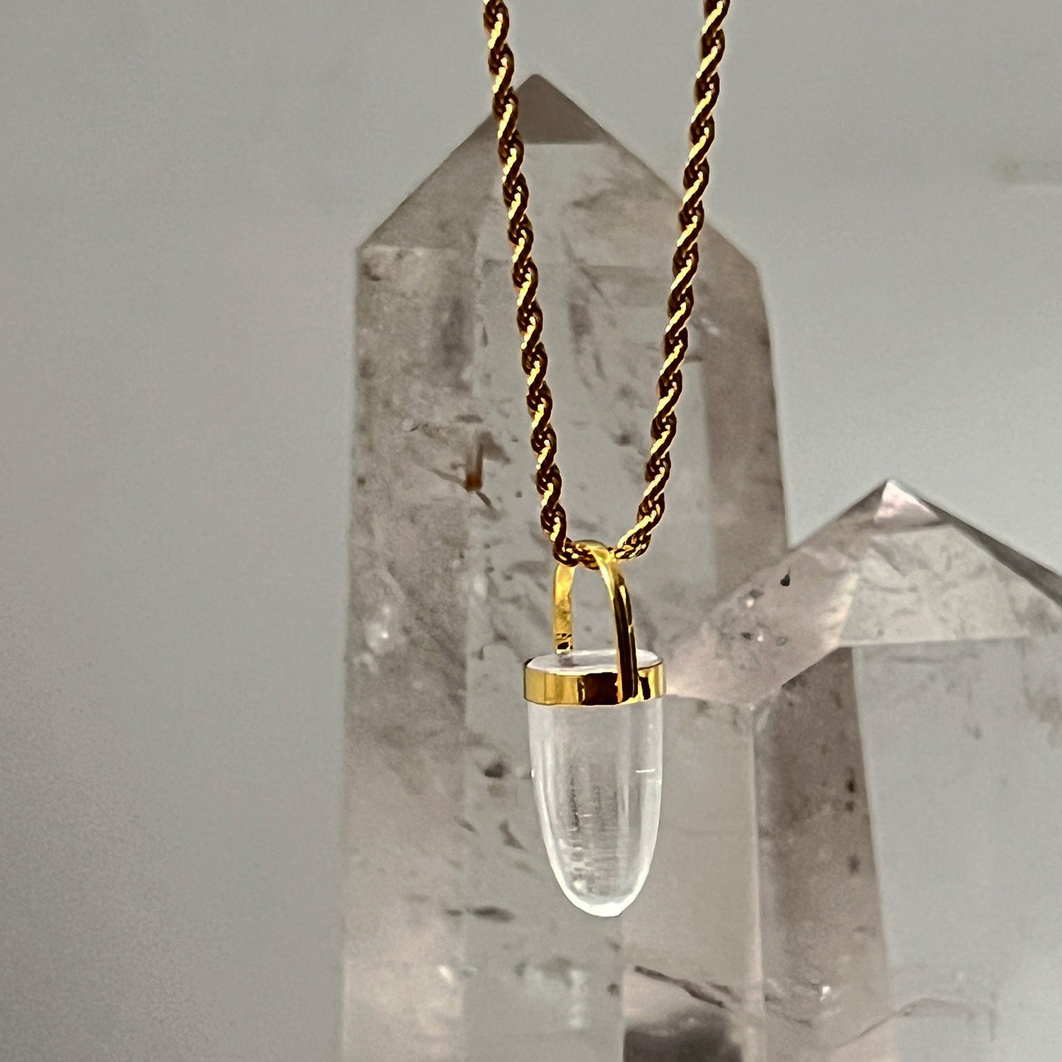 Pendulum Rock Crystal Pendant On Long Vintage Style Rope Chain