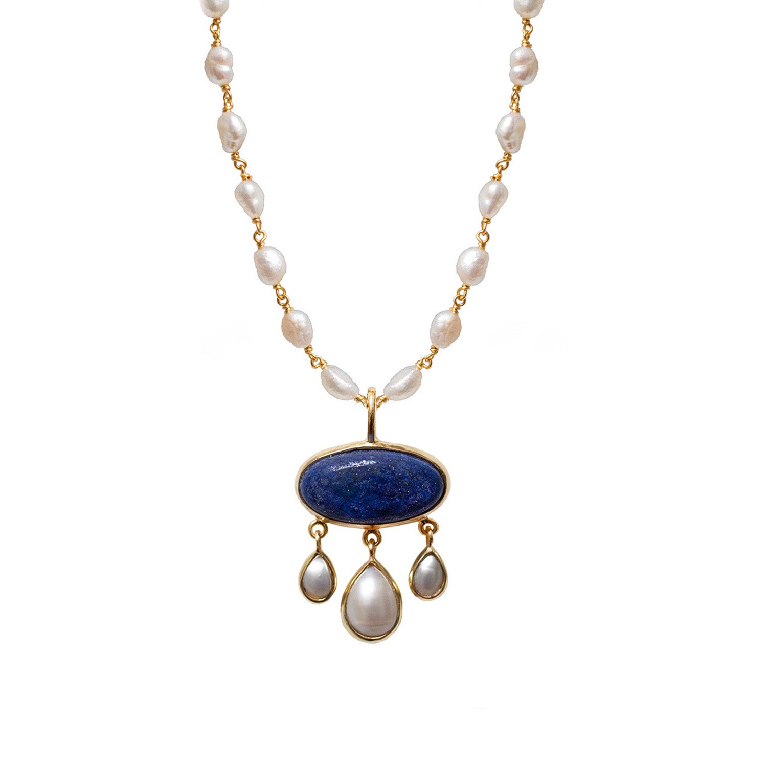 Rosa Oval Lapis Lazuli And Pearl Pendant On Long Pearl Rosary