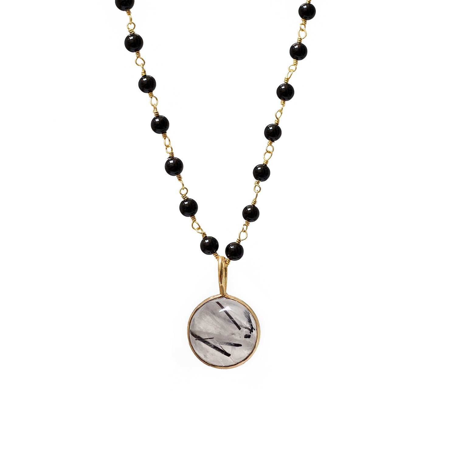Black Rutilated Quartz Cabochon Pendant On Short Black Onyx Rosary
