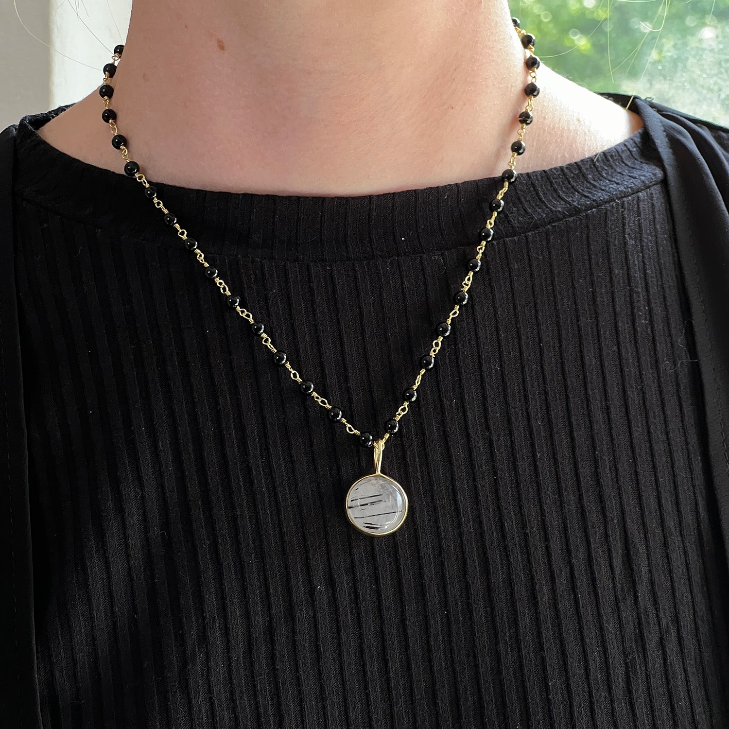 Black Rutilated Quartz Cabochon Pendant On Short Black Onyx Rosary