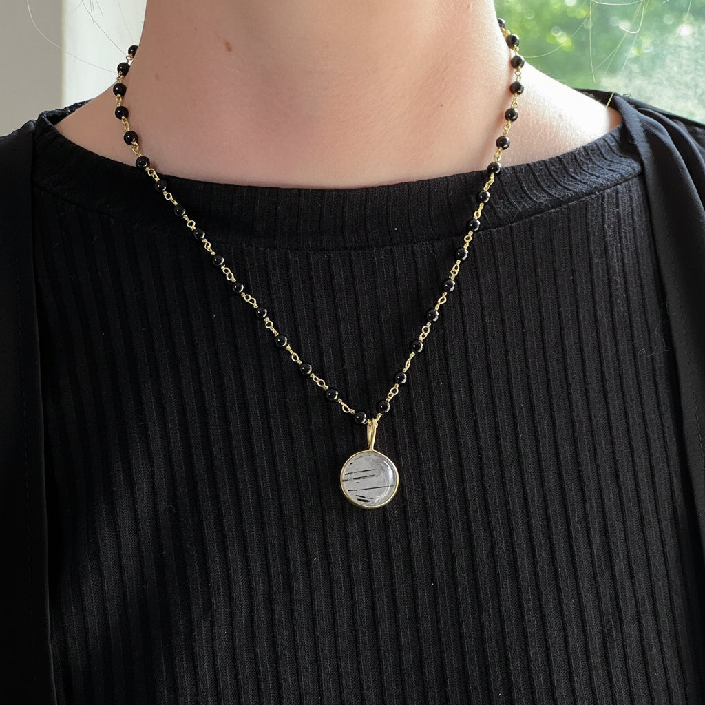 Black Rutilated Quartz Cabochon Pendant On Short Black Onyx Rosary