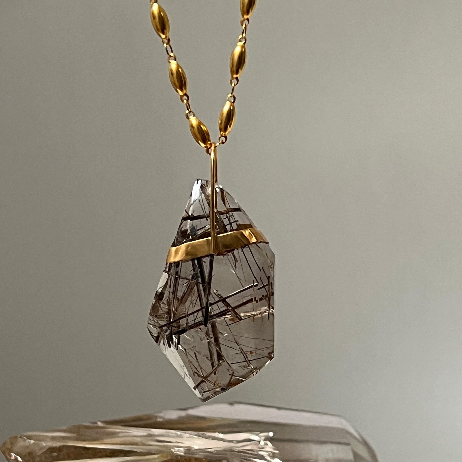 Unique Large Geometric Black Rutilated Quartz On Long Pepin Chain