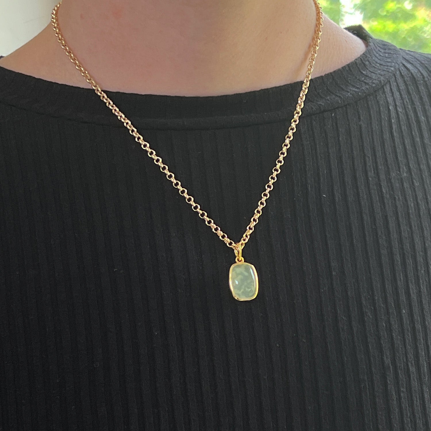 Rectangular Chunky Prehnite Cabochon On Short Baby Belcher Chain