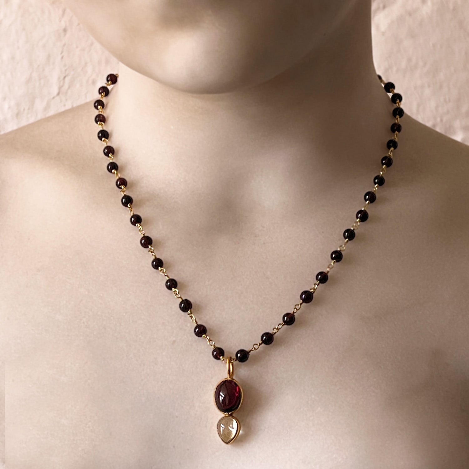 Shakti Garnet And Citrine Pendant On Short Garnet Rosary