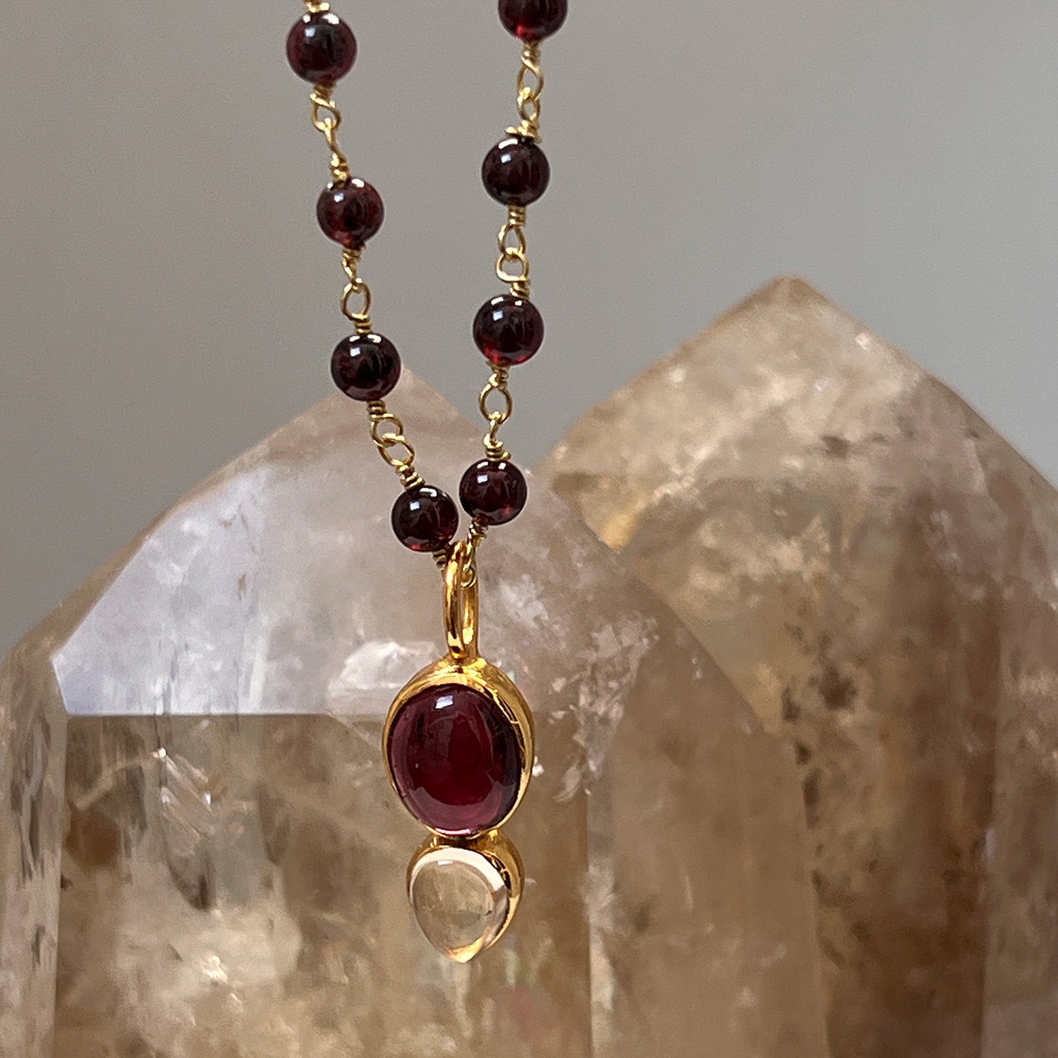 Shakti Garnet And Citrine Pendant On Short Garnet Rosary