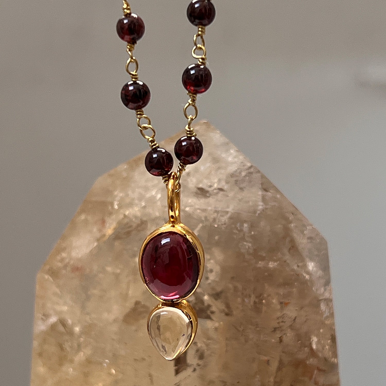 Shakti Garnet And Citrine Pendant On Short Garnet Rosary