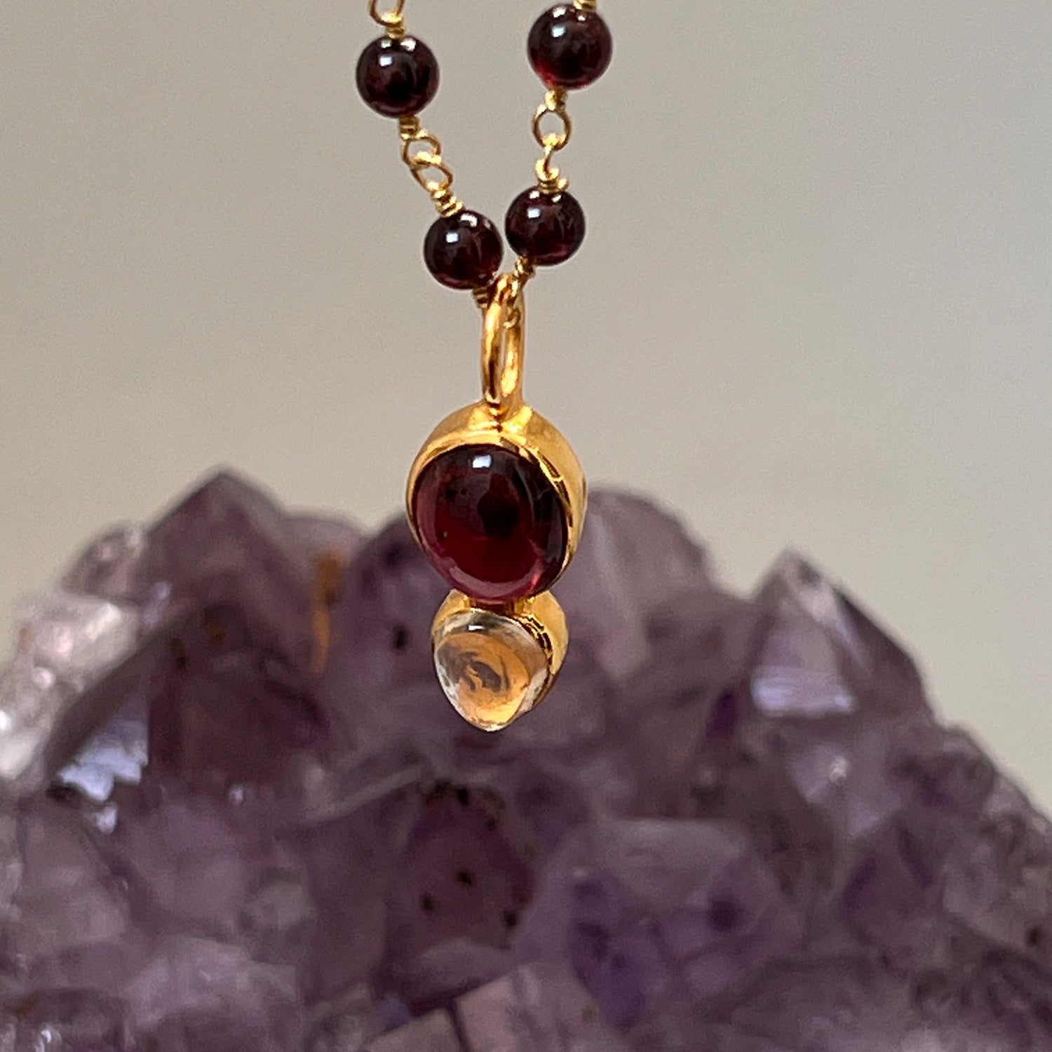 Shakti Garnet And Citrine Pendant On Short Garnet Rosary
