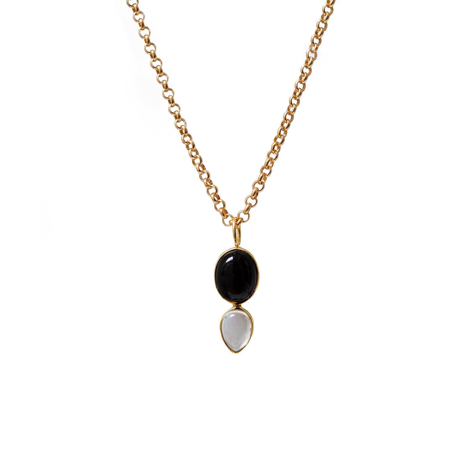 Shakti Black Onyx And Rock Crystal Pendant On Long Baby Belcher Chain