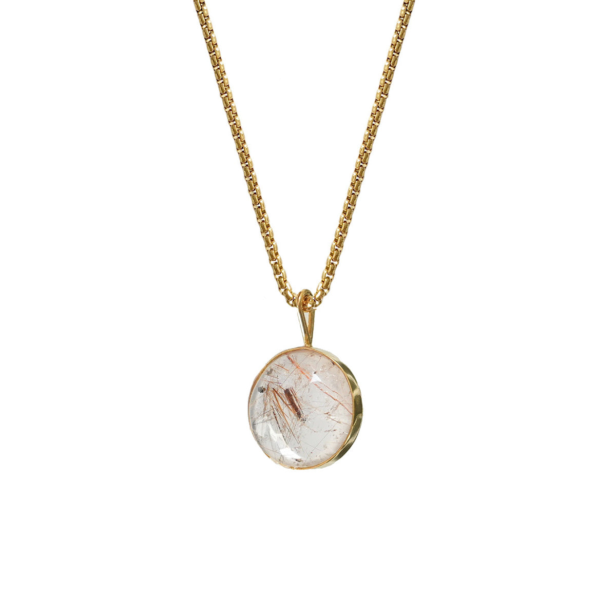 Unique Small Rutilated Quartz Round Pendant On Short Box Chain