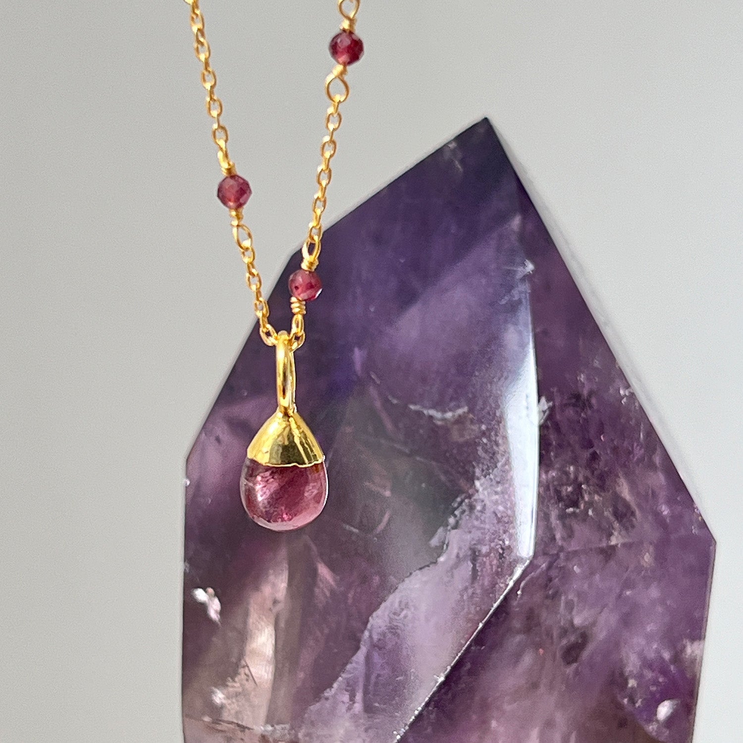 Fancy Garnet Rosary Short With Pink Drop Tourmaline