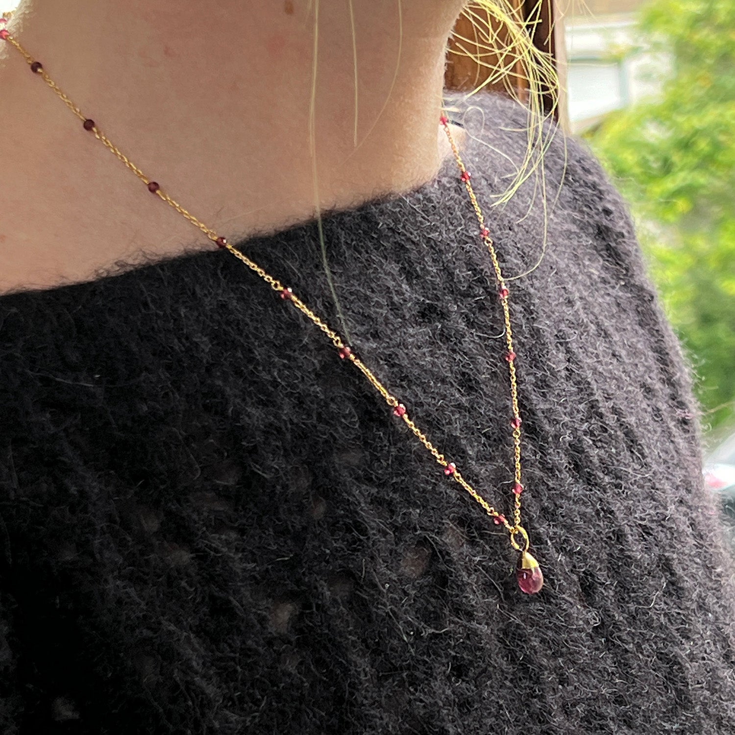 Fancy Garnet Rosary Short With Pink Drop Tourmaline
